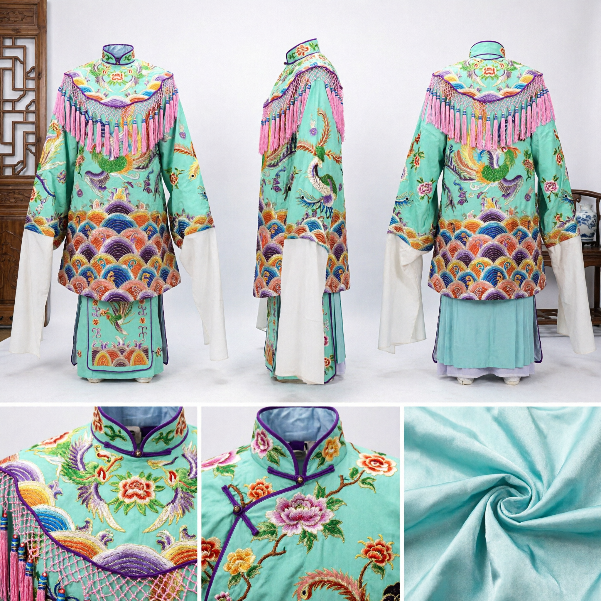 Traditional Chinese Peking Opera Costume Green Dragon Robe Embroidered Stage Performance Outfit for Adults