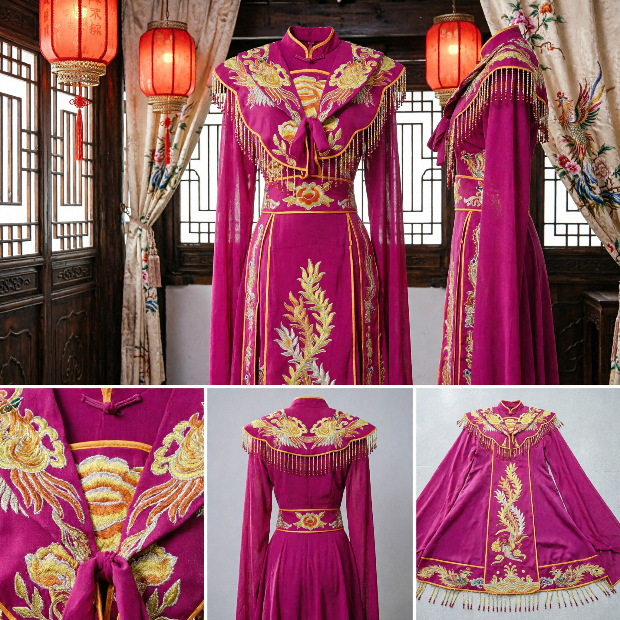 Traditional Chinese Pink Wedding Dress with Phoenix Embroidery and Beaded Cape Ancient Bridal Gown for Women