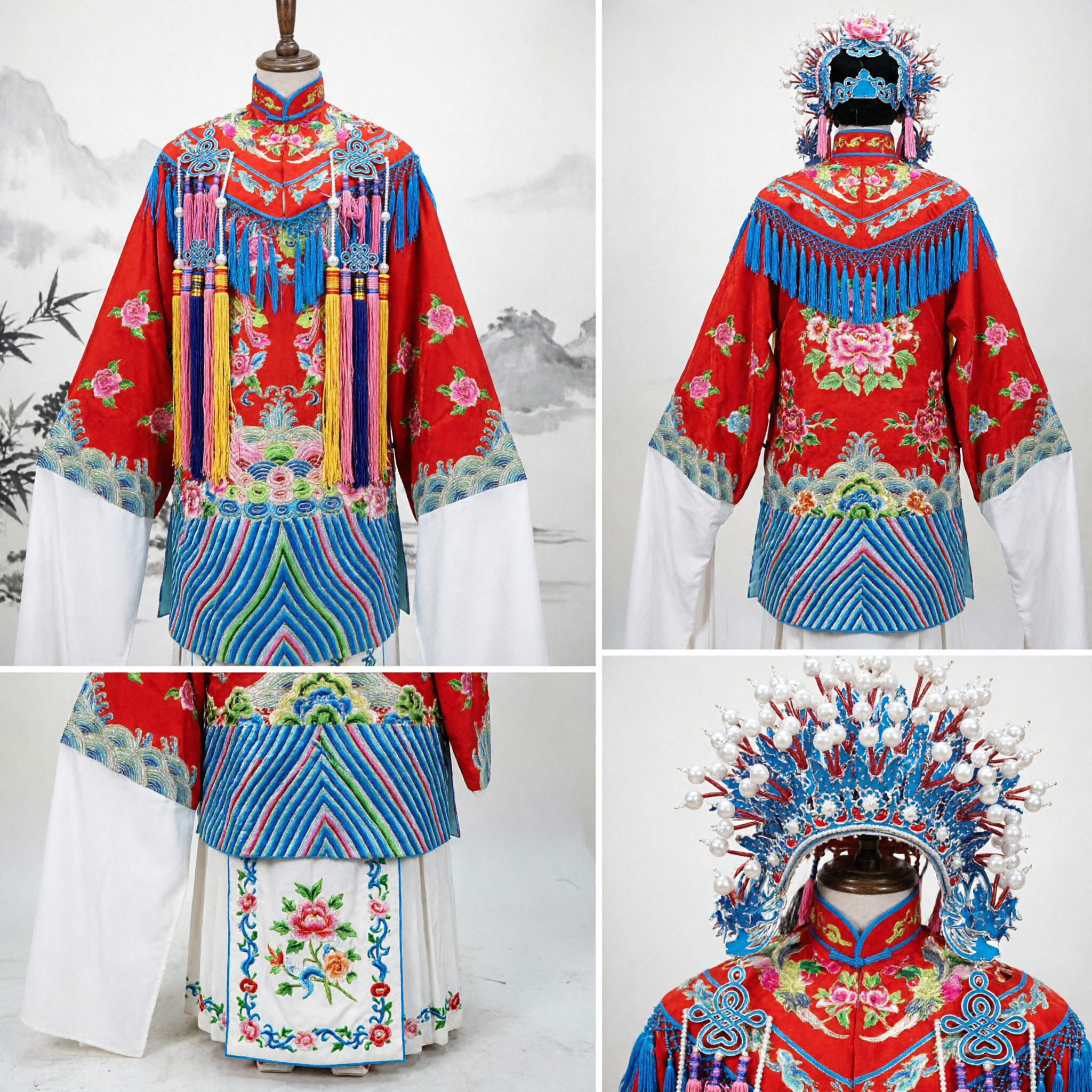 Traditional Chinese Peking Opera Female General Red Armor Costume with Elaborate Phoenix Headdress for Stage Performance