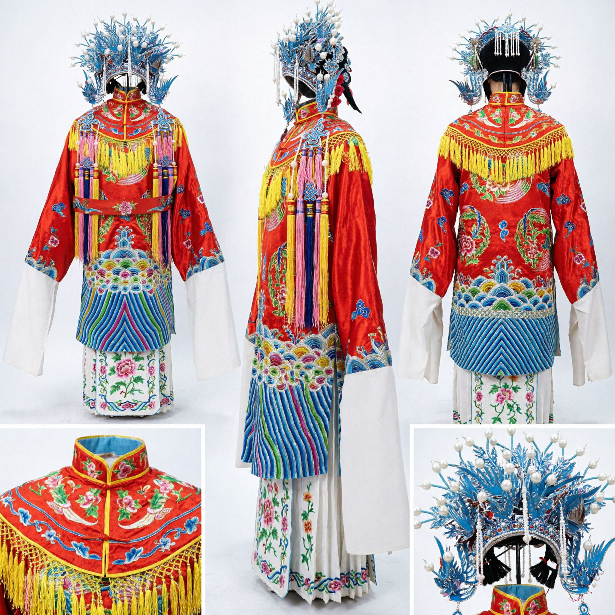 Traditional Chinese Peking Opera Female General Costume Red Embroidered Robe with Blue Phoenix Headdress for Stage Performance