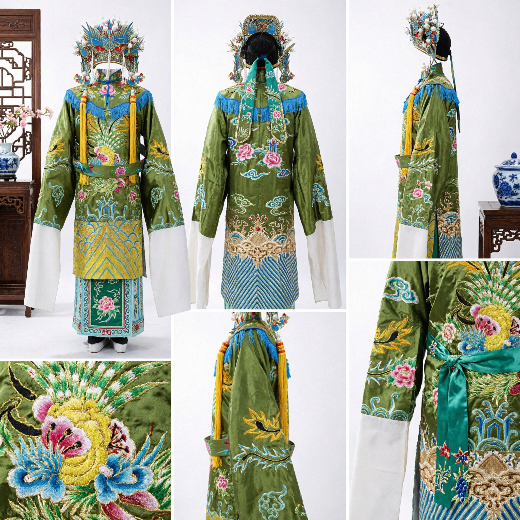 Traditional Chinese Peking Opera Costume Green Embroidered Phoenix Robe with Headdress for Women's Stage Performance