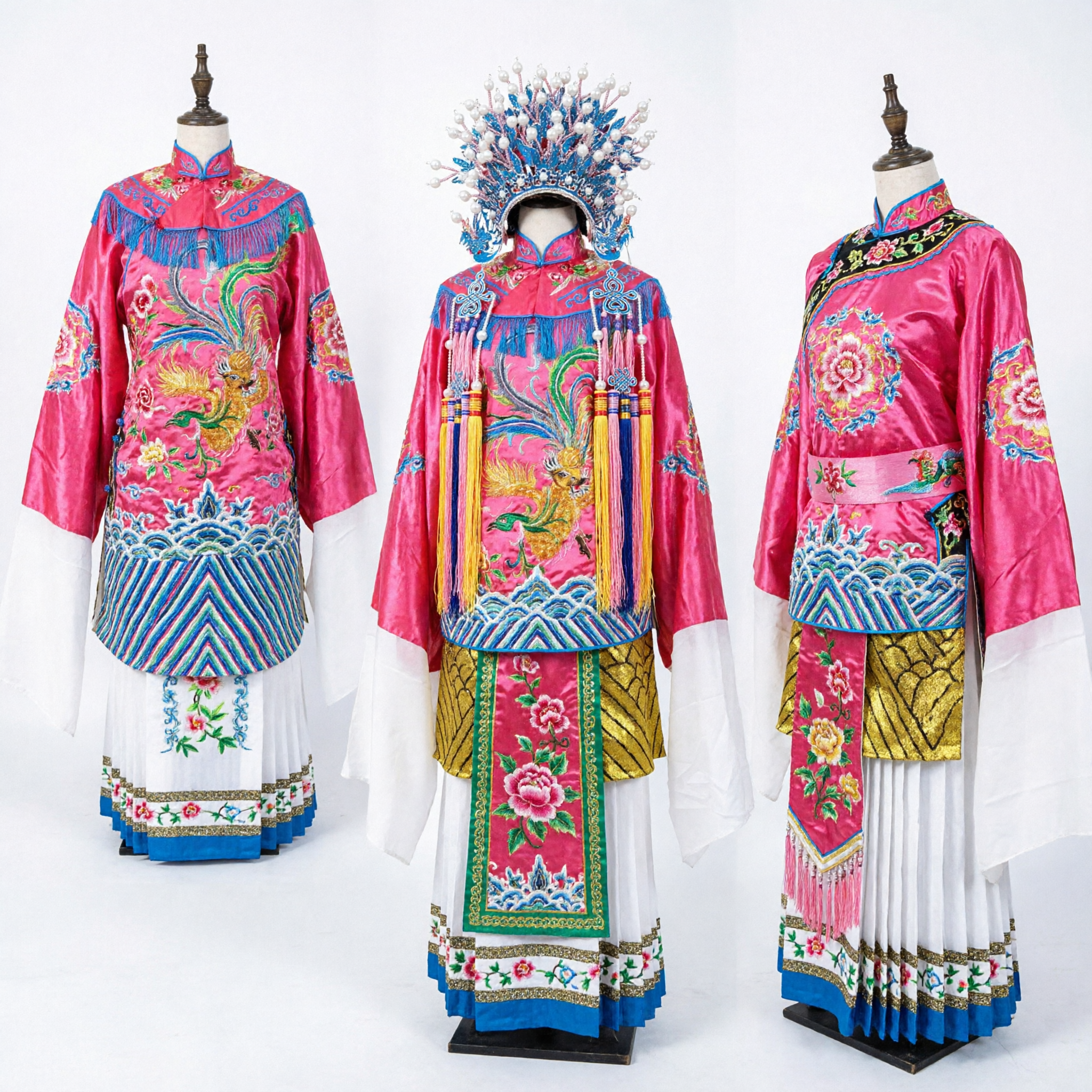 Traditional Chinese Peking Opera Costume Pink Embroidered Phoenix Robe and Headdress Set for Female Performance