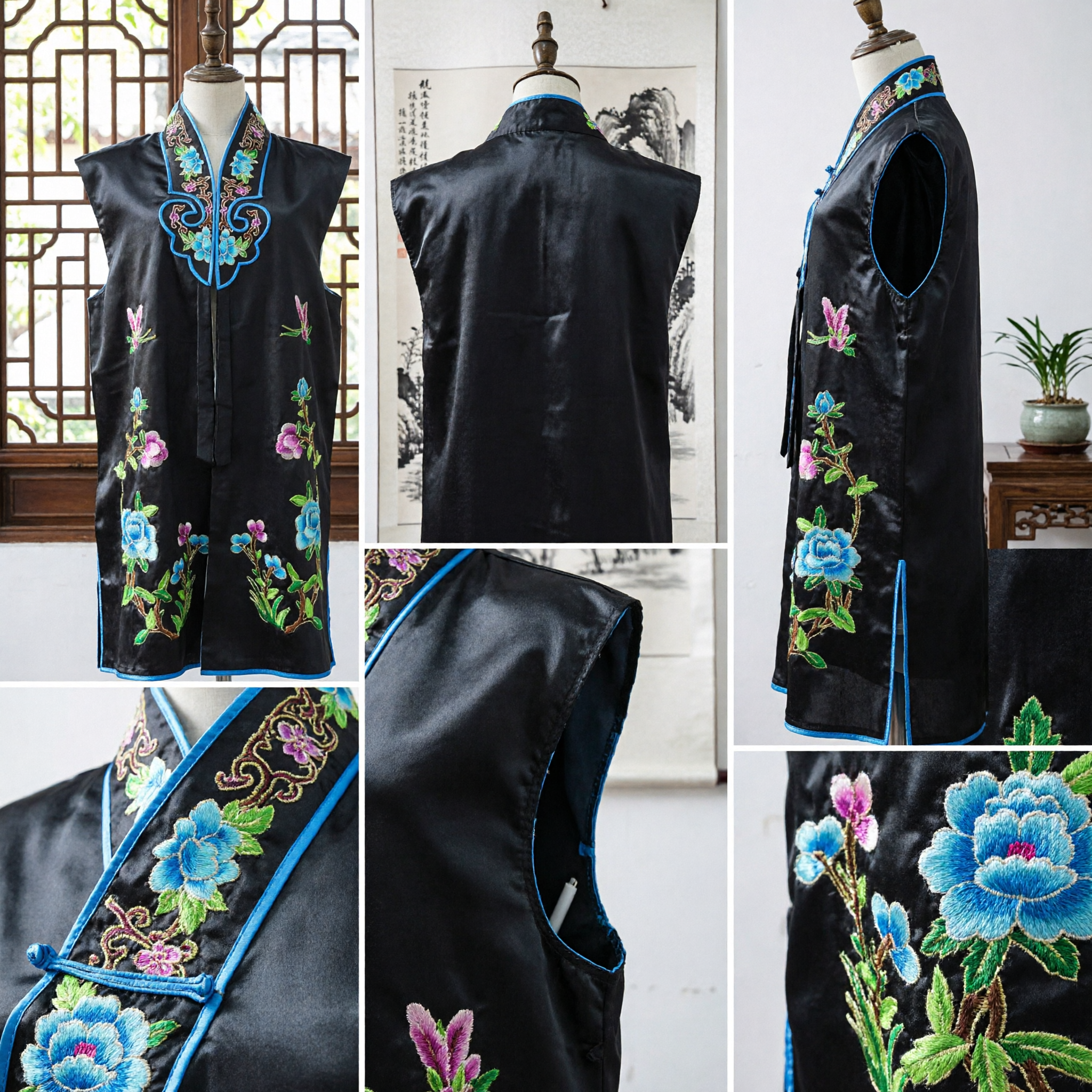 Women's Traditional Chinese Black Silk Vest Floral Embroidery Tang Suit Mandarin Collar Waistcoat for Events