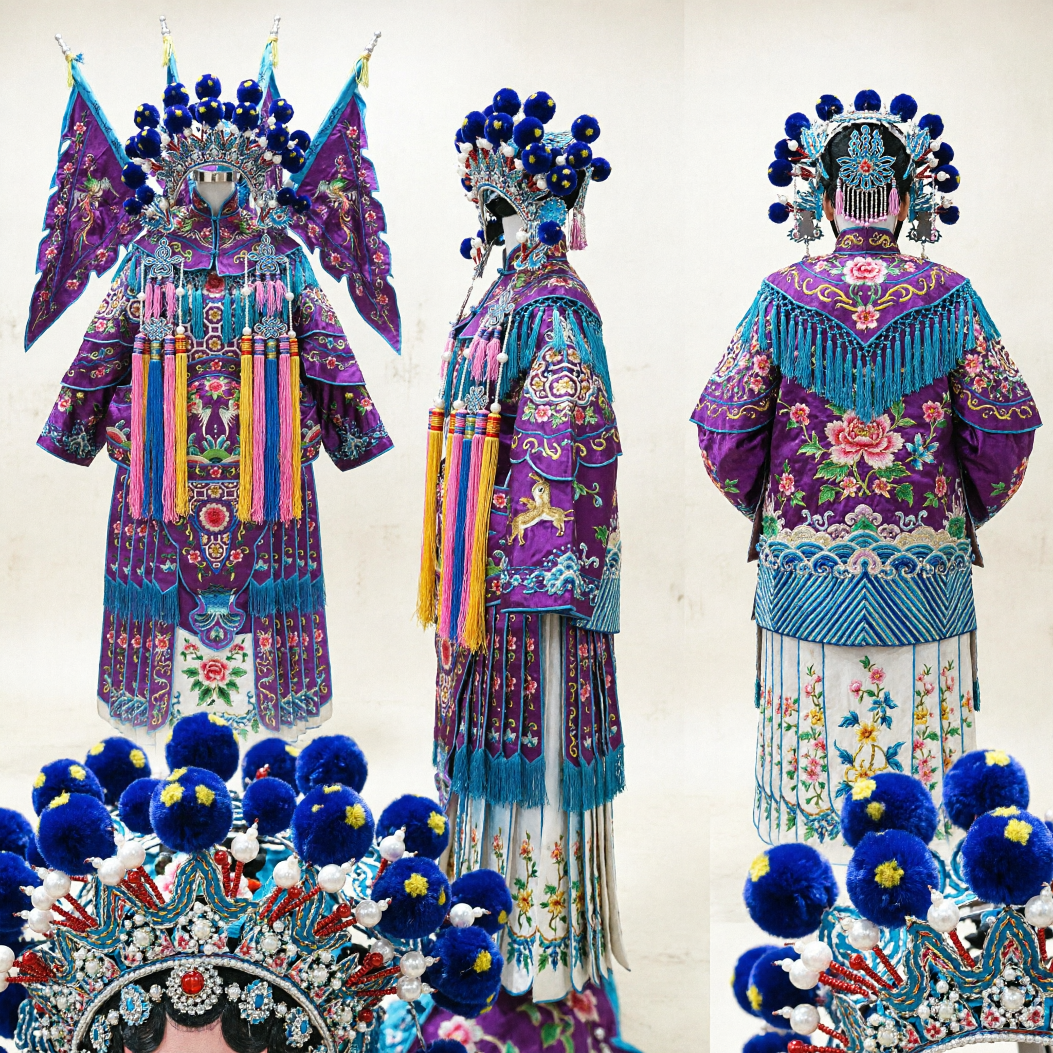 Traditional Purple Peking Opera General Armor Costume with Flags and Headdress for Adult Men Performance