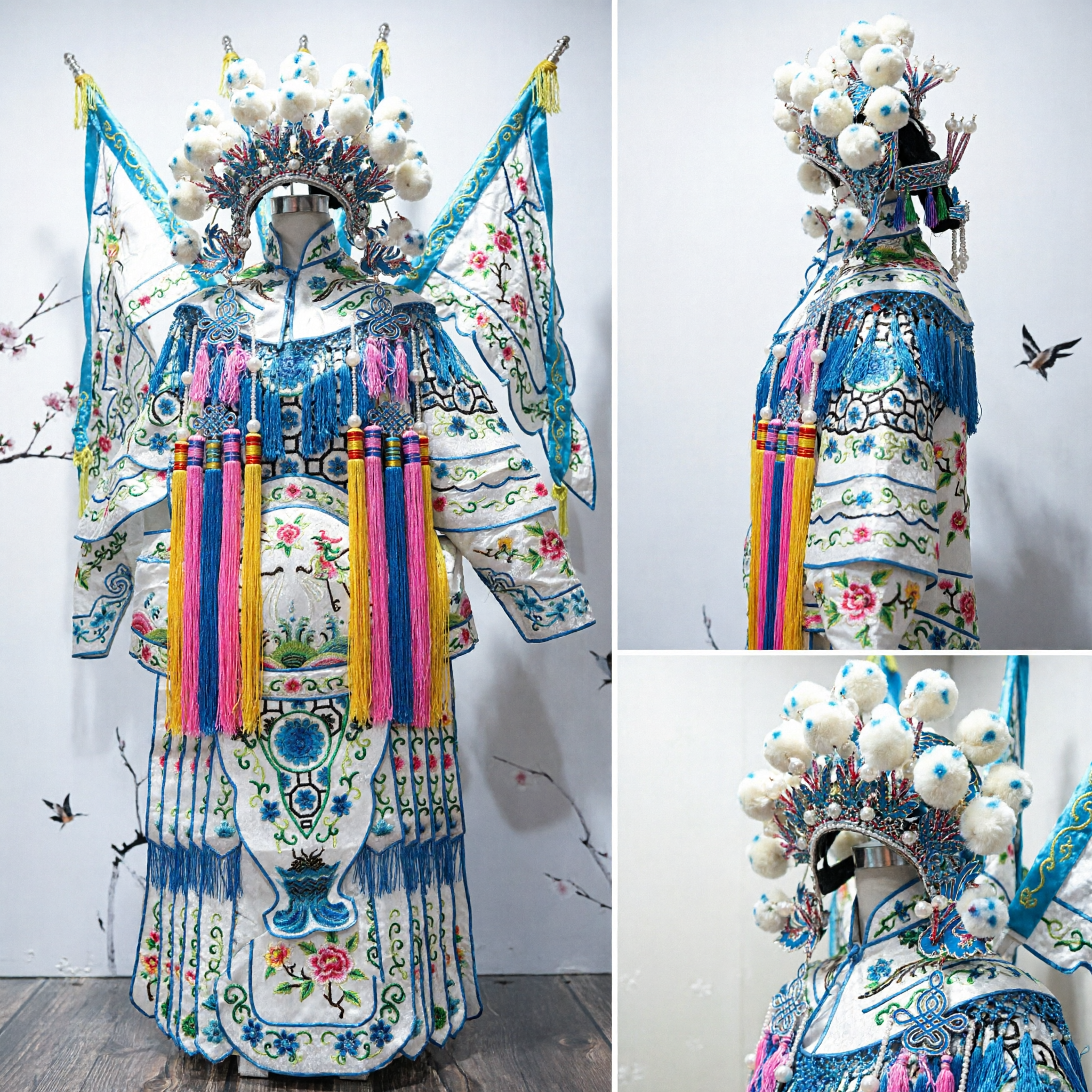 Traditional Chinese Peking Opera General Costume Embroidered White Robe with Back Flags and Headdress for Stage Performance