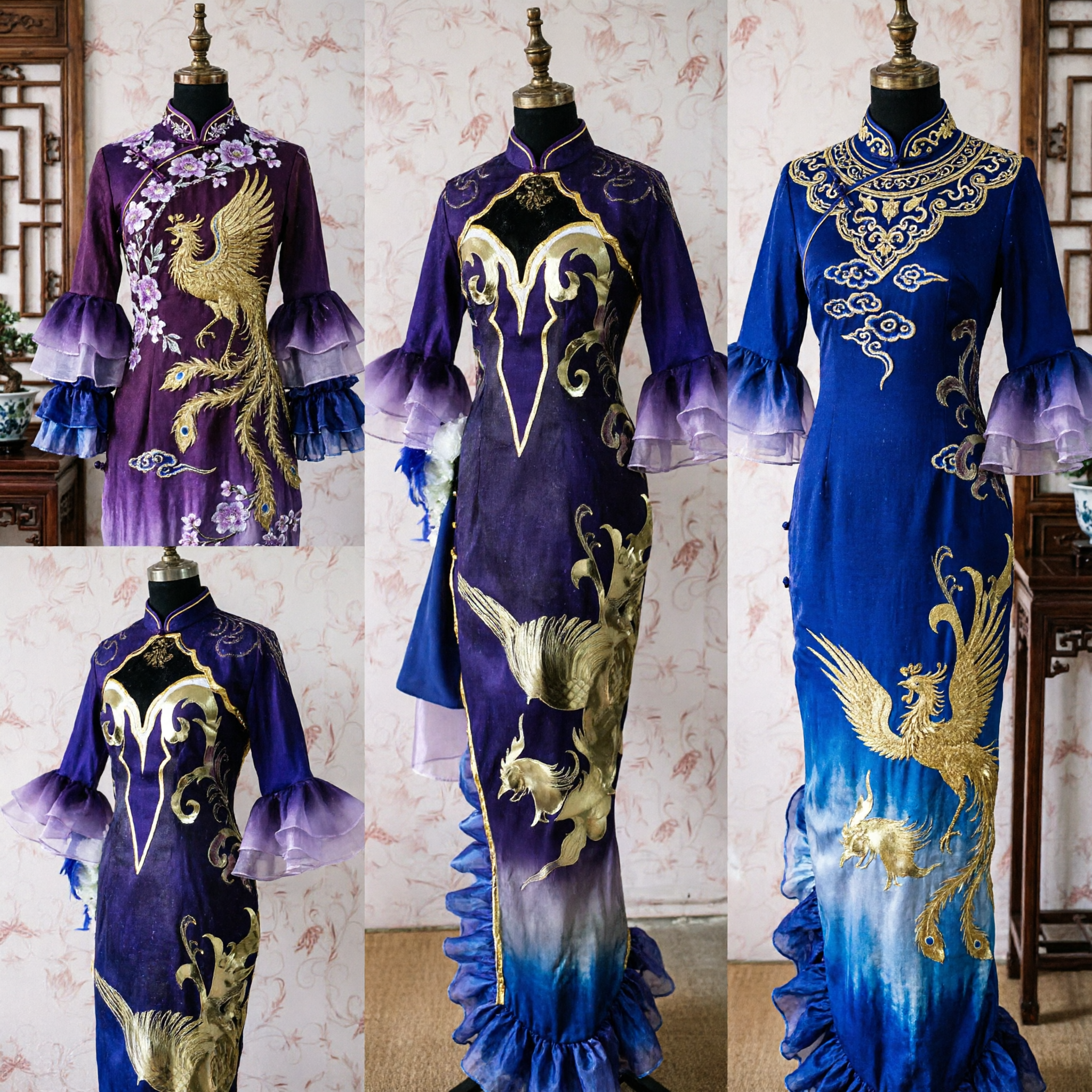 Purple Dragon Phoenix Chinese Cheongsam Dress Traditional Gradient Qipao Costume for Women Stage Performance