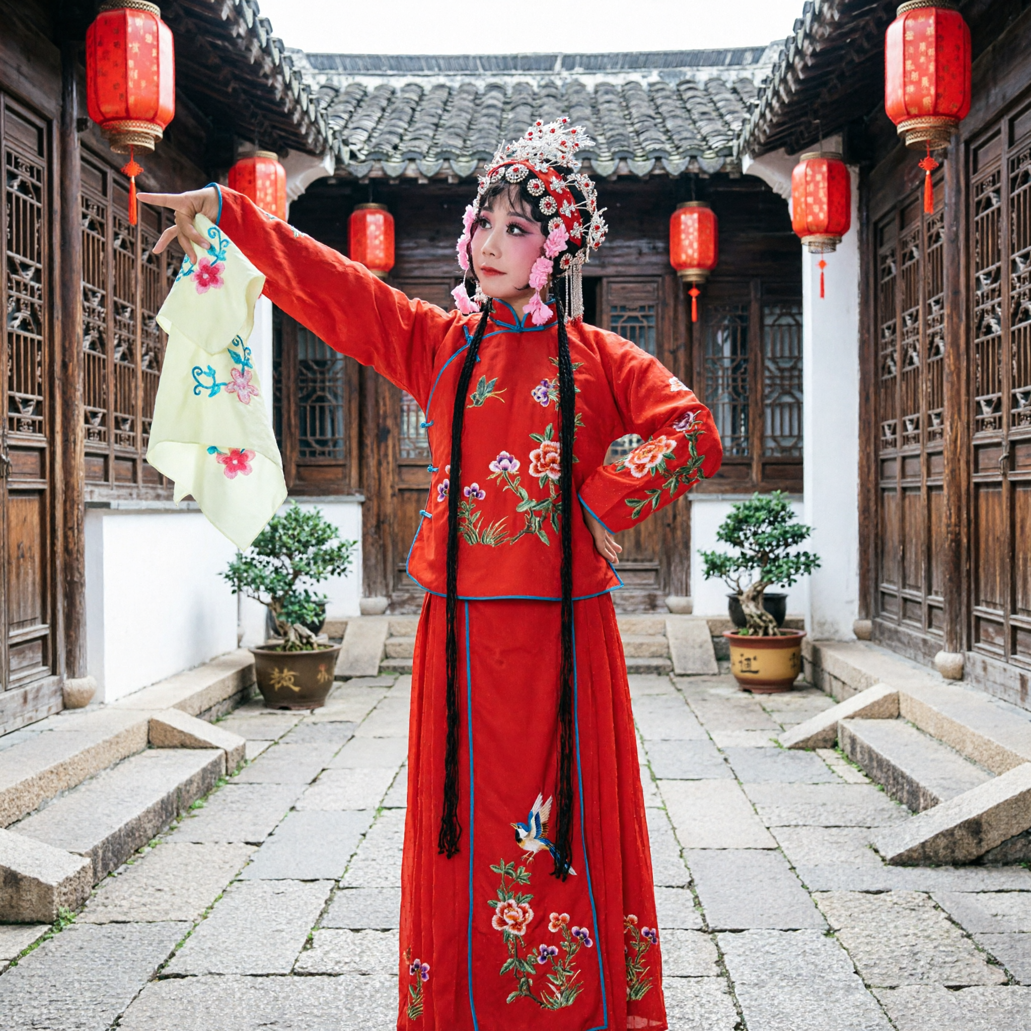 Traditional Chinese Peking Opera Costume Red Floral Embroidery Female Dan Role Stage Performance Dress for Women