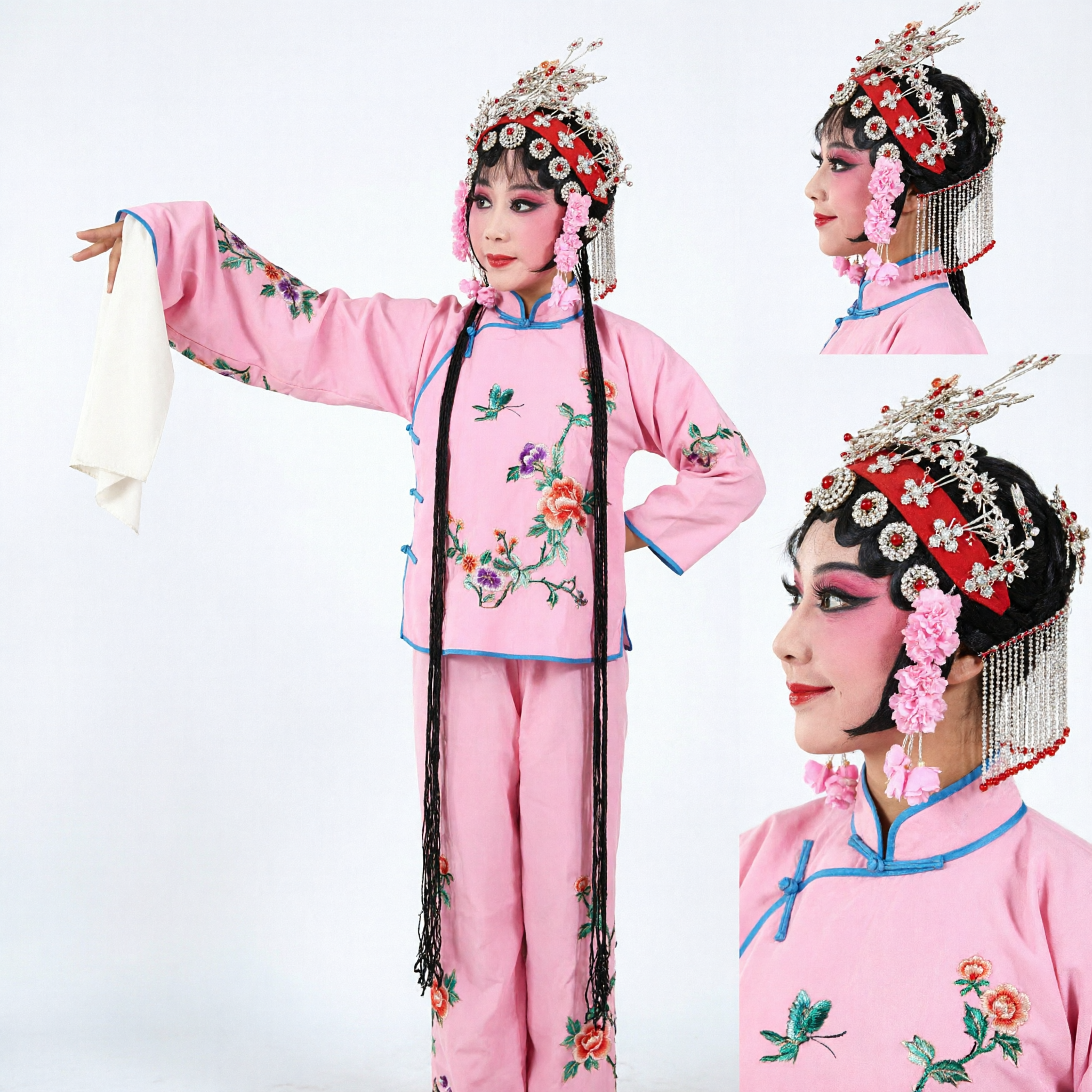 Traditional Pink Chinese Opera Costume Embroidered Floral Jacket and Pants Set for Women Stage Performance