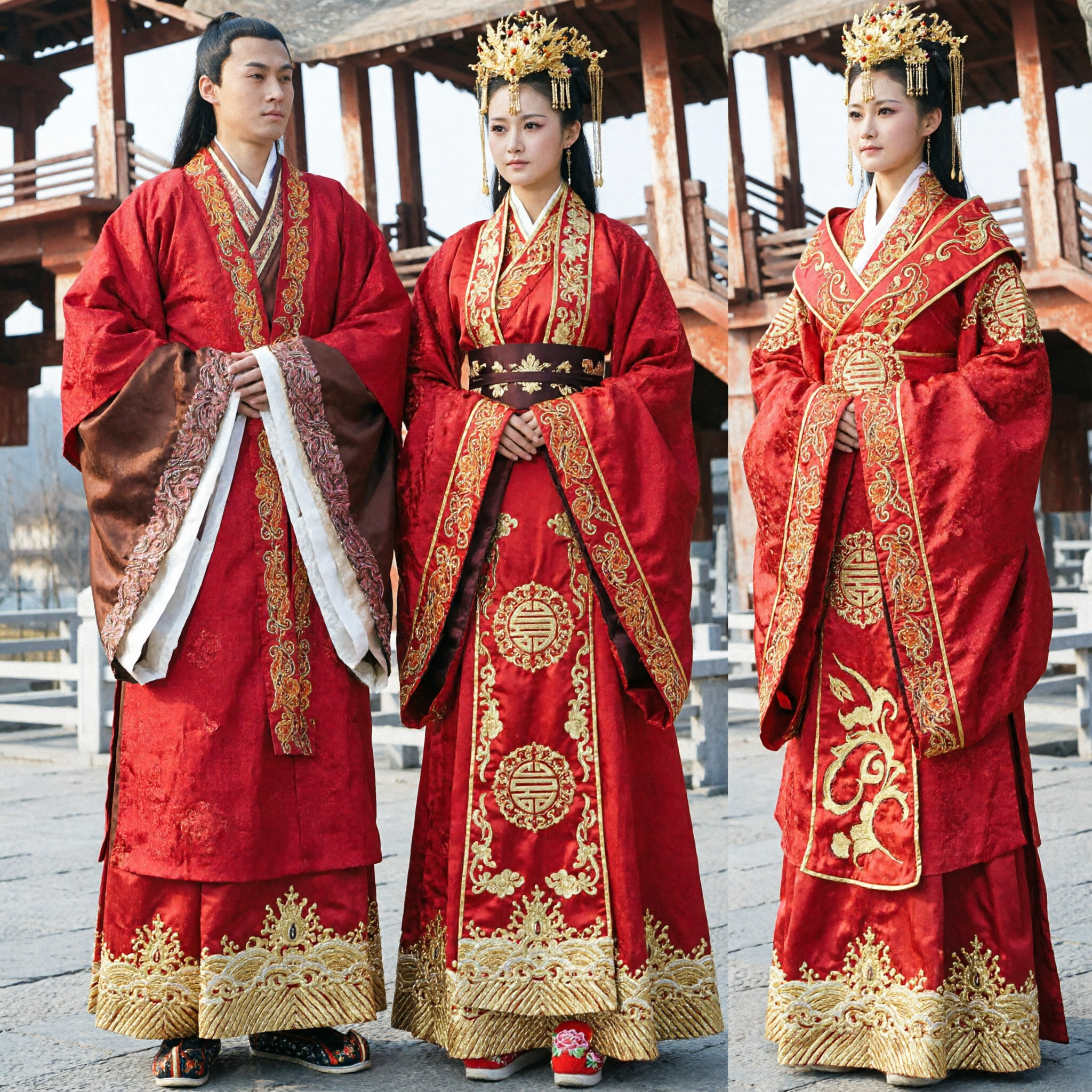 Ancient Chinese Wedding Hanfu Costume Red Gold Embroidery Emperor Empress Couple Dress for Traditional Ceremony
