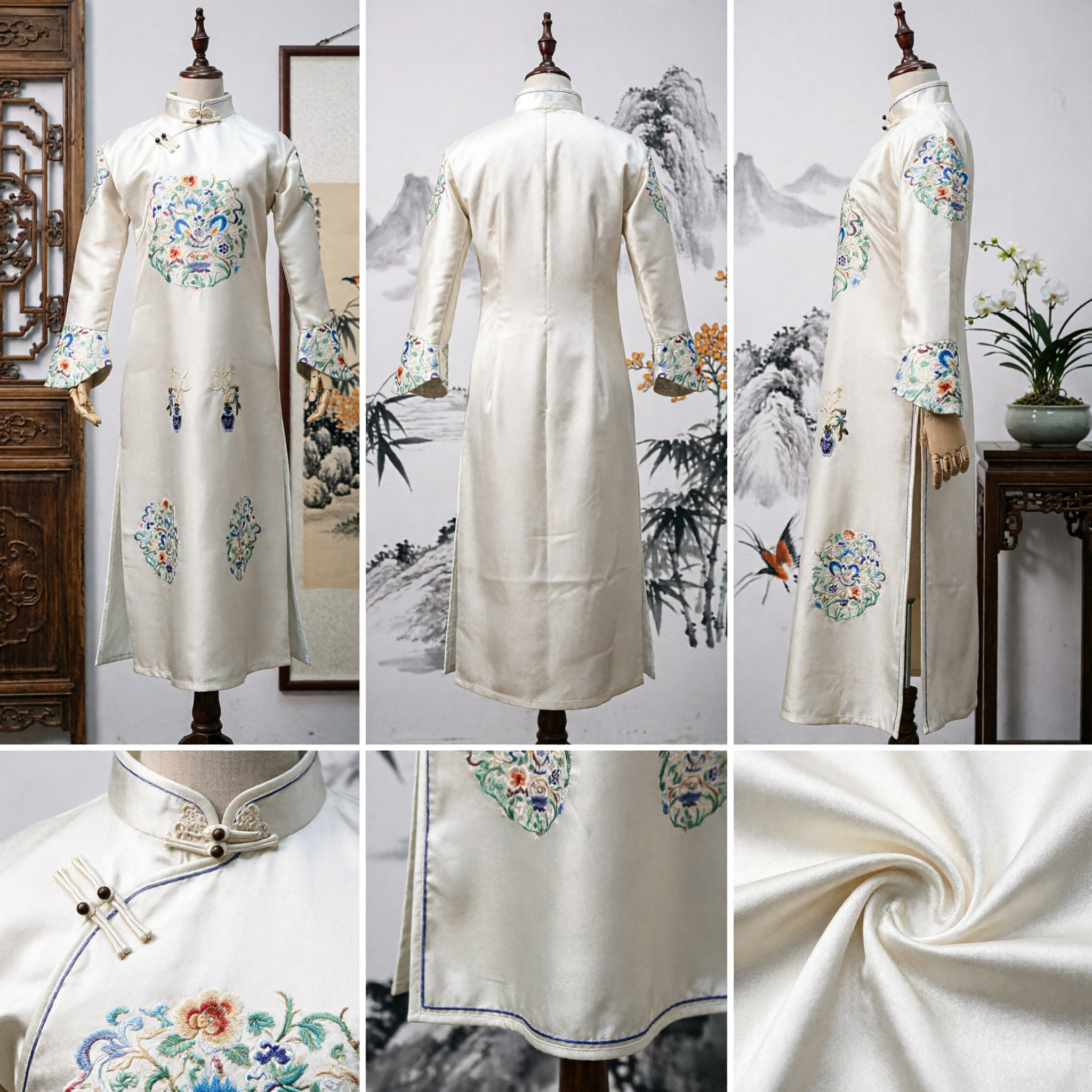 Traditional Chinese White Cheongsam Dress with Floral Embroidery Silk Satin Performance Costume for Women