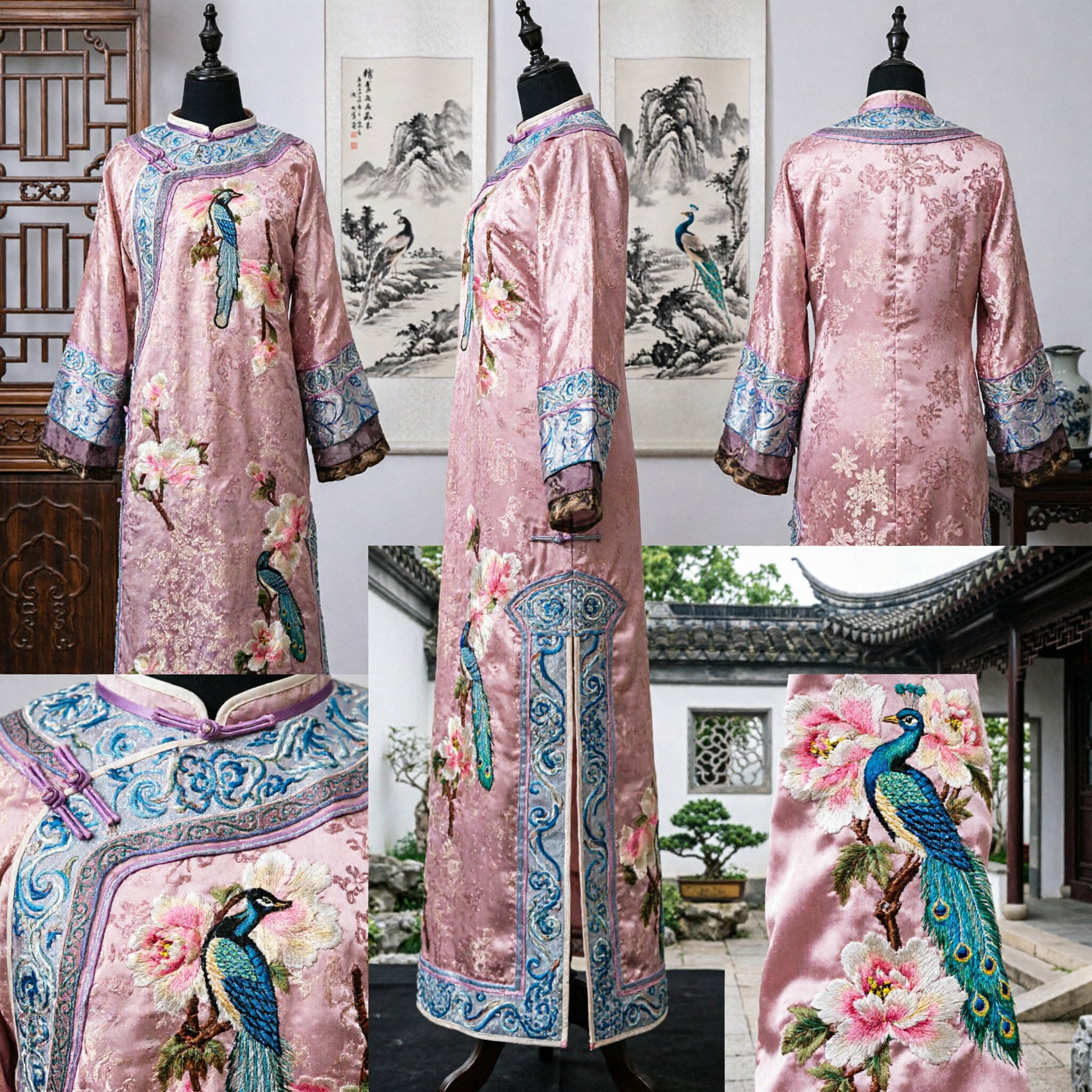 Pink Chinese Traditional Qing Dynasty Manchu Princess Costume Embroidered Silk Robe Ancient Lady Dress for Women