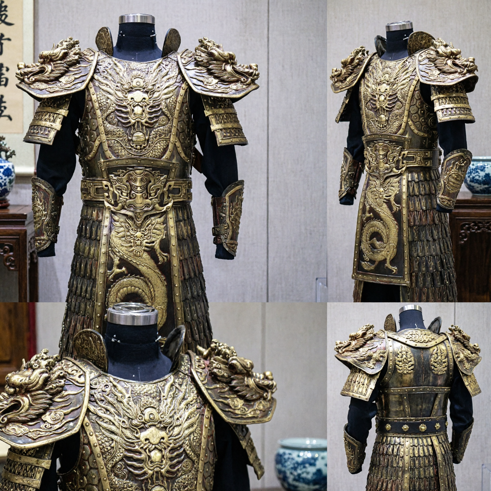Ancient Chinese Warrior Dragon Armor Bronze General Costume for Men Cosplay Stage Performance Hanfu