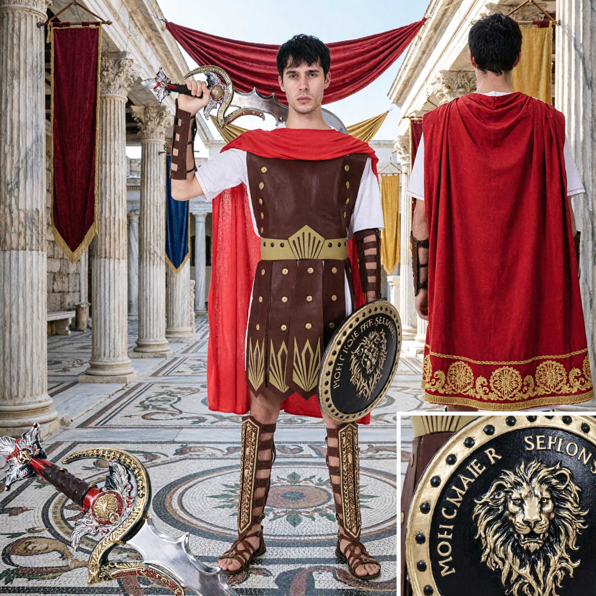 Ancient Greek Gold Spartan Armor Costume Set Adult Male Warrior Cosplay Outfit with Helmet Shield Spear