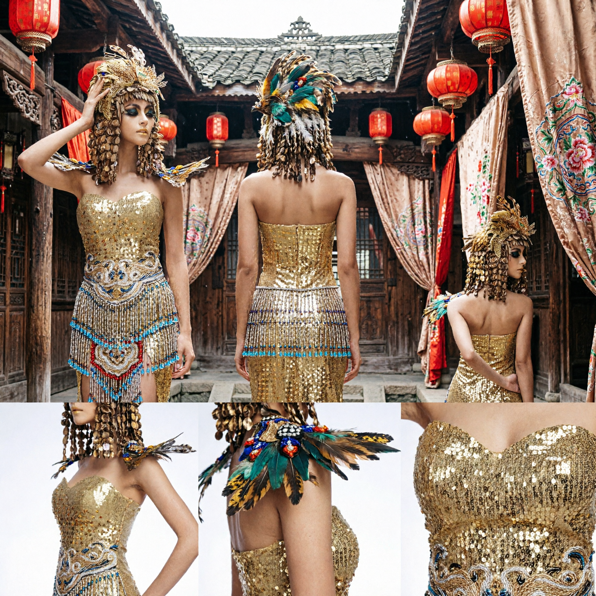 Luxurious Gold Egyptian Cleopatra Headdress with Feathers and Coins for Stage Performance and Carnival Costume