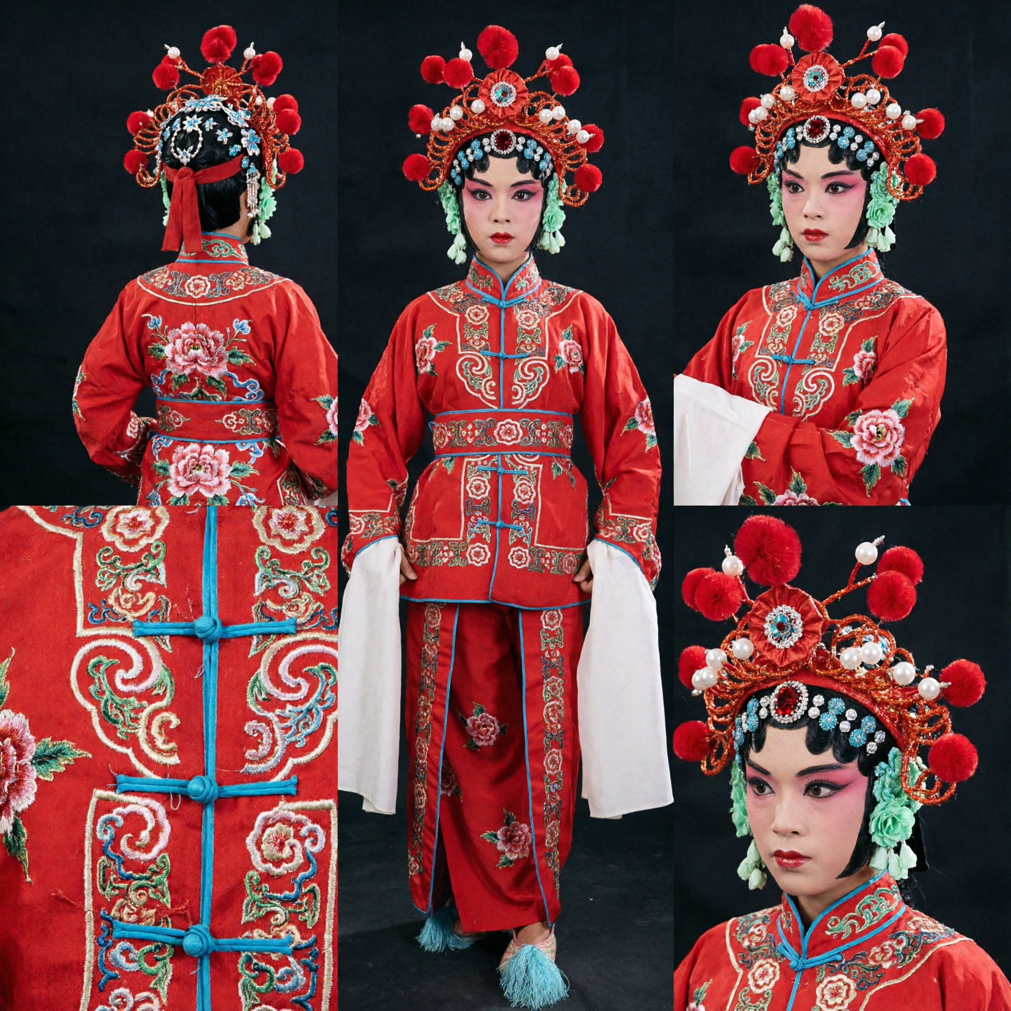 Traditional Chinese Peking Opera Costume for Kids Red Embroidered Martial Arts Wudan Outfit with Headdress and Spear