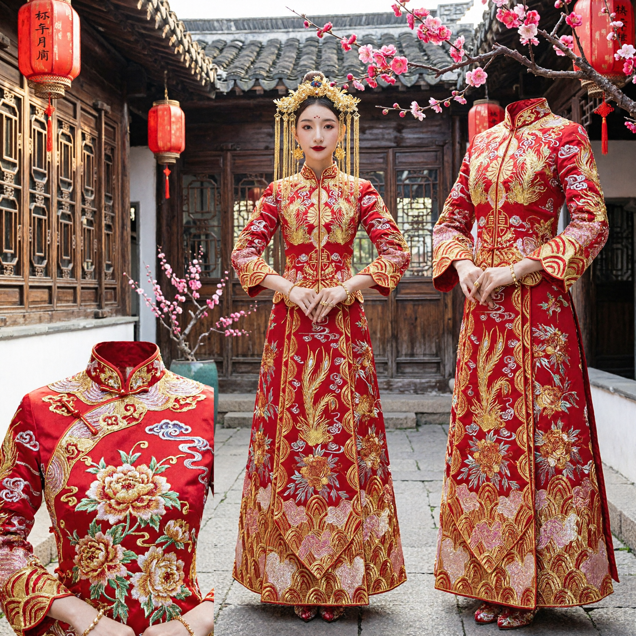 Women's Traditional Chinese Wedding Dress Qun Kwa Red Gold Embroidery Dragon Phoenix Long Sleeve Gown