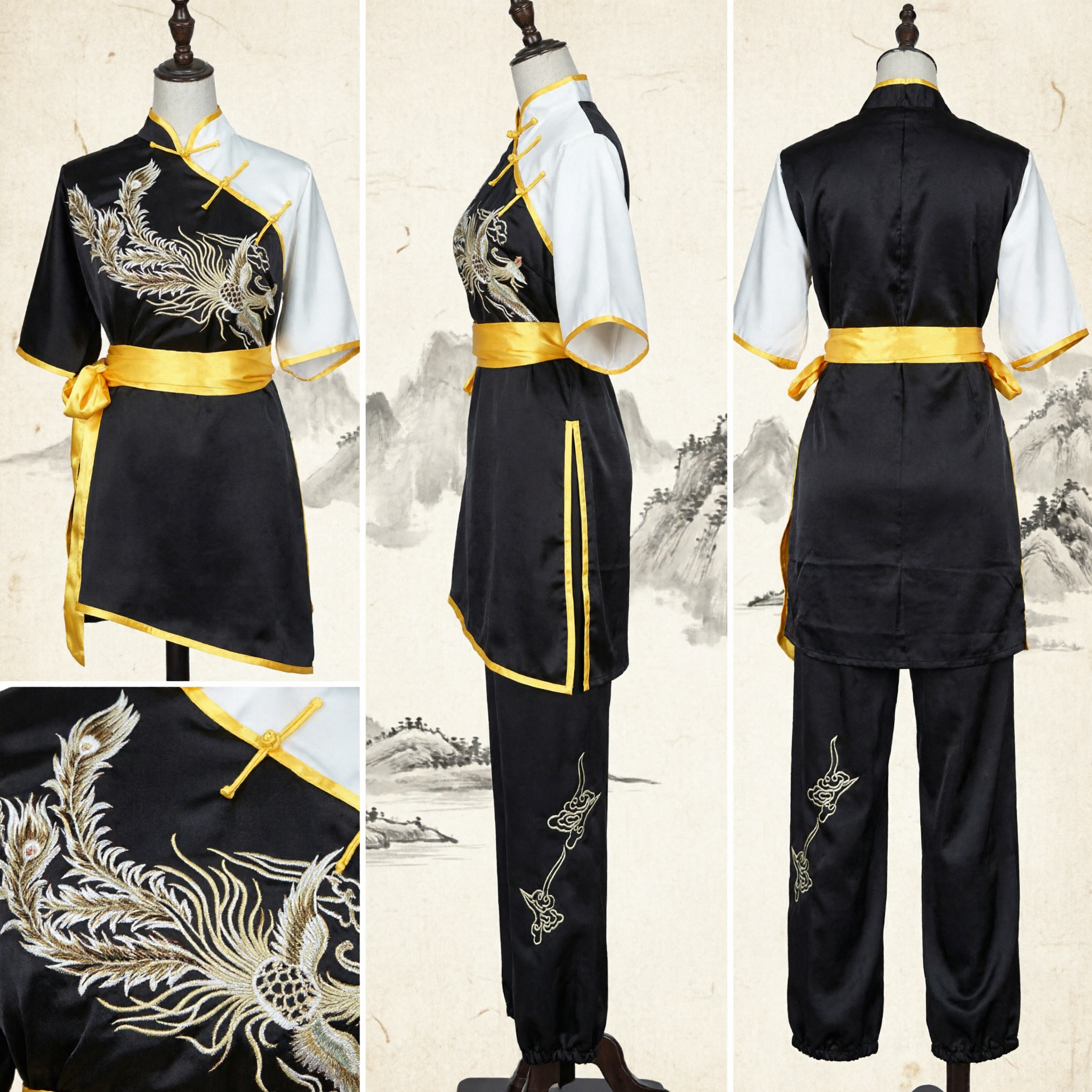 Traditional Chinese Kung Fu Uniform Black White Phoenix Embroidery Tai Chi Wushu Performance Costume Set