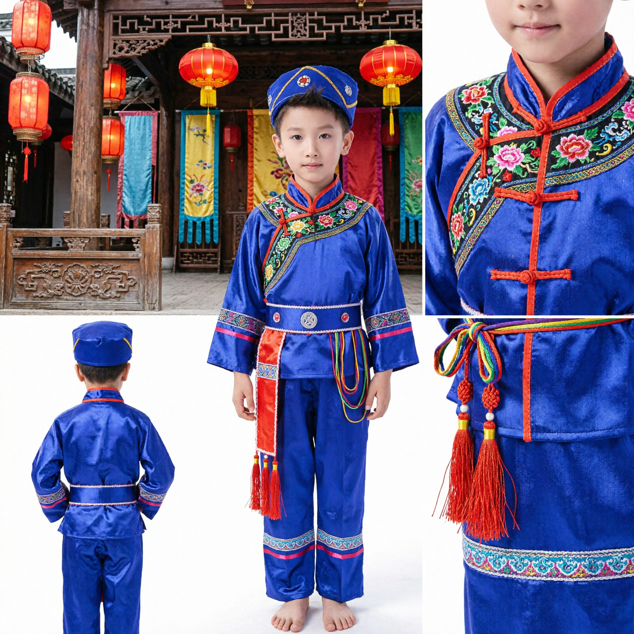 Boy Traditional Chinese Folk Dance Costume Blue Ethnic Minority Stage Performance Outfit with Hat