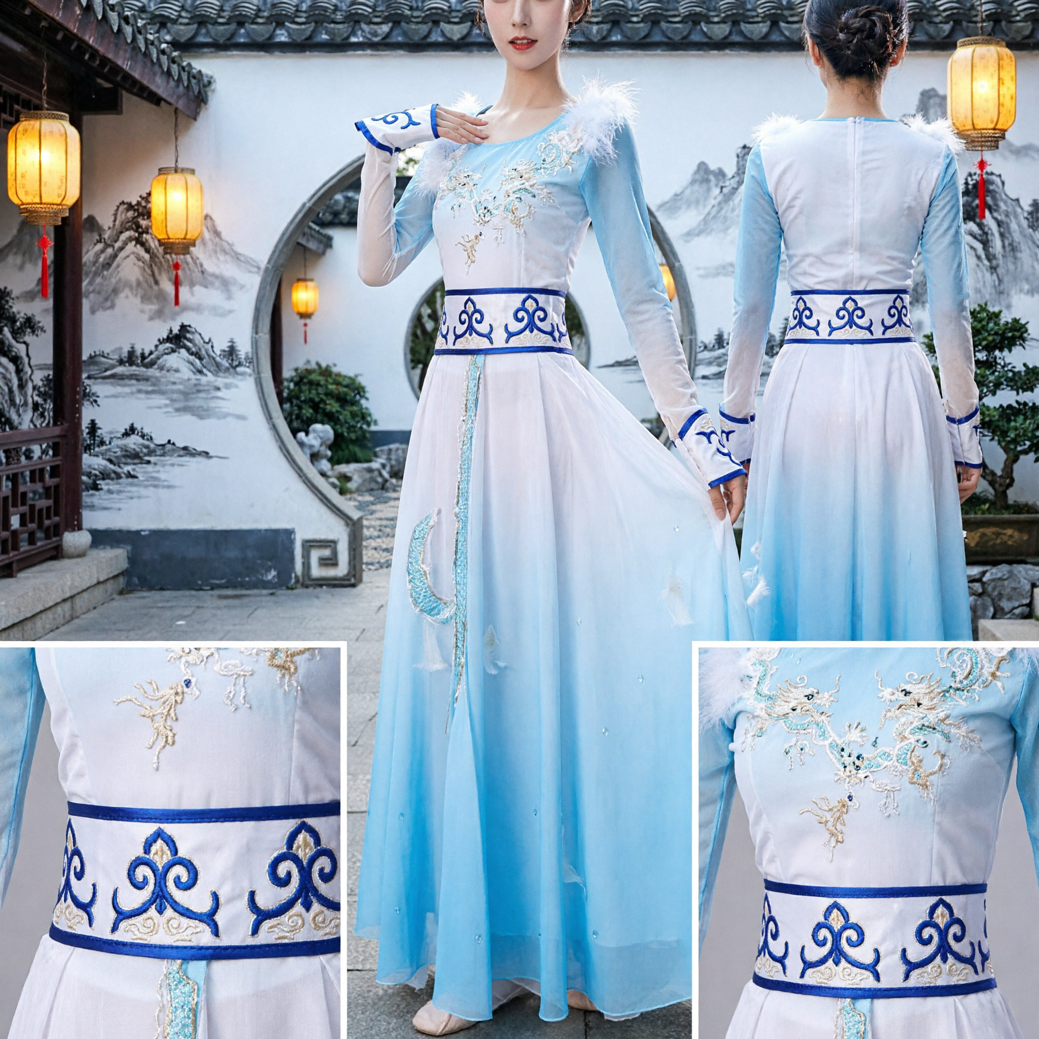 Elegant Blue and White Gradient Chinese Classical Dance Costume Traditional Folk Dress for Stage Performance