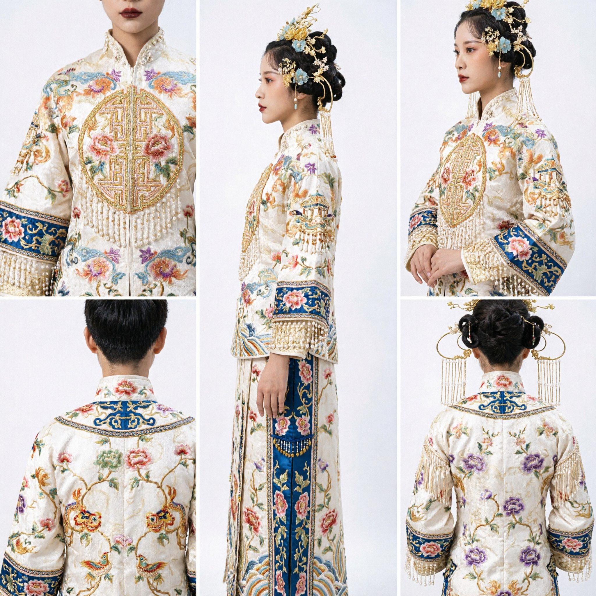 Ancient Chinese Bridal Hair Accessories Gold Blue Phoenix Coronet Ming Dynasty Hanfu Wedding Headpiece for Women