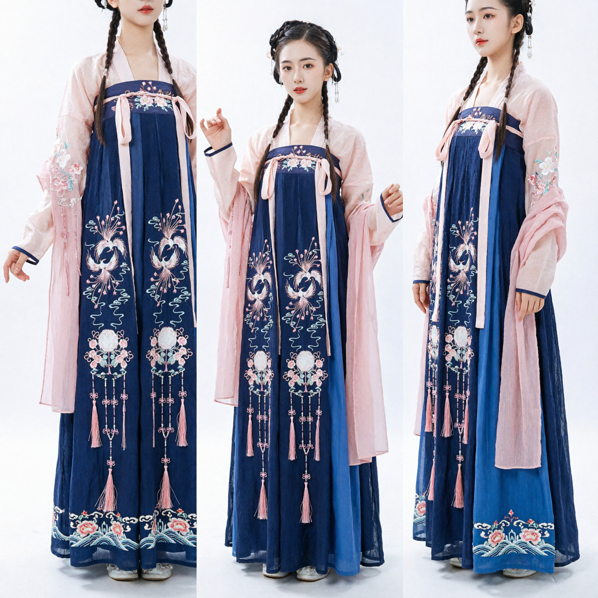 Traditional Chinese Hanfu Tang Dynasty Style Ancient Costume Fairy Embroidered Long Skirt Set for Women