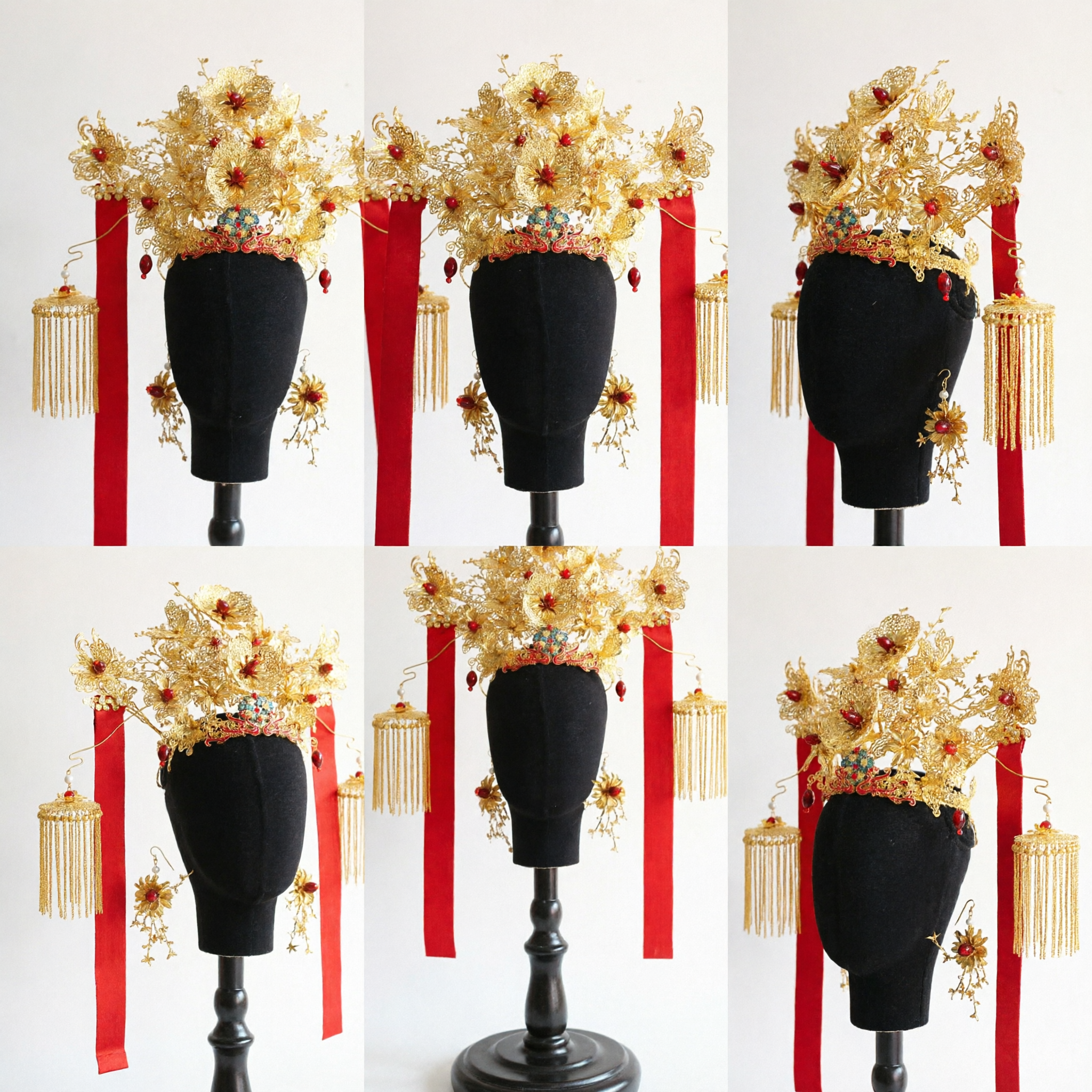 Traditional Chinese Wedding Phoenix Crown Gold Filigree Bridal Headpiece with Red Ribbons and Hanfu Hair Accessories