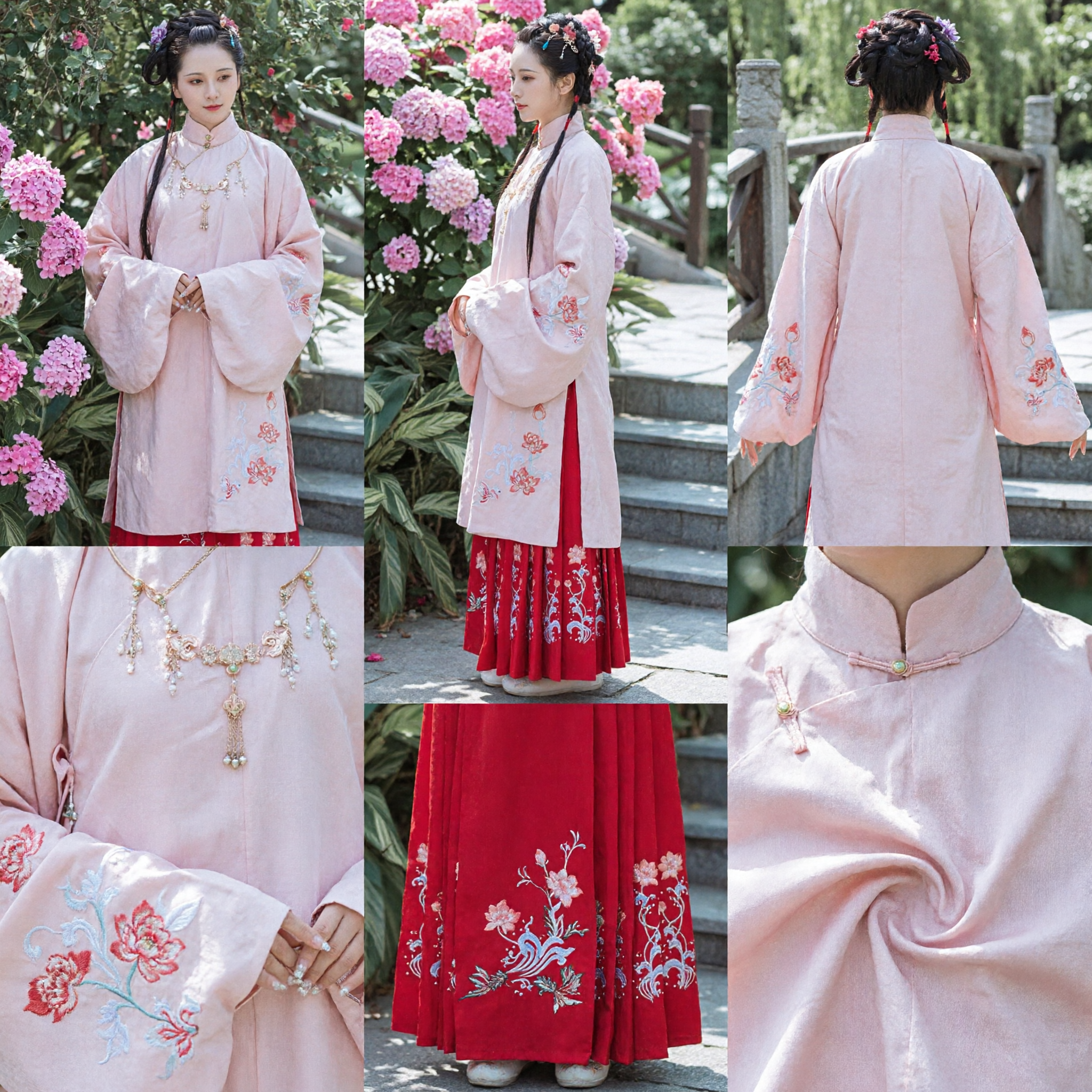 Traditional Chinese Hanfu Ming Dynasty Style Pink Embroidered Ao Top and Red Pleated Skirt Set for Women