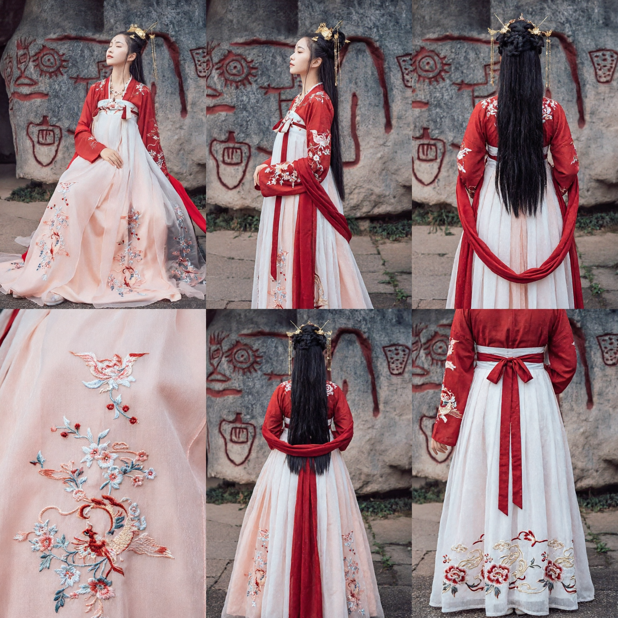 Traditional Chinese Tang Dynasty Hanfu Costume Red Embroidered Top and Pink Skirt Ancient Fairy Dress for Women