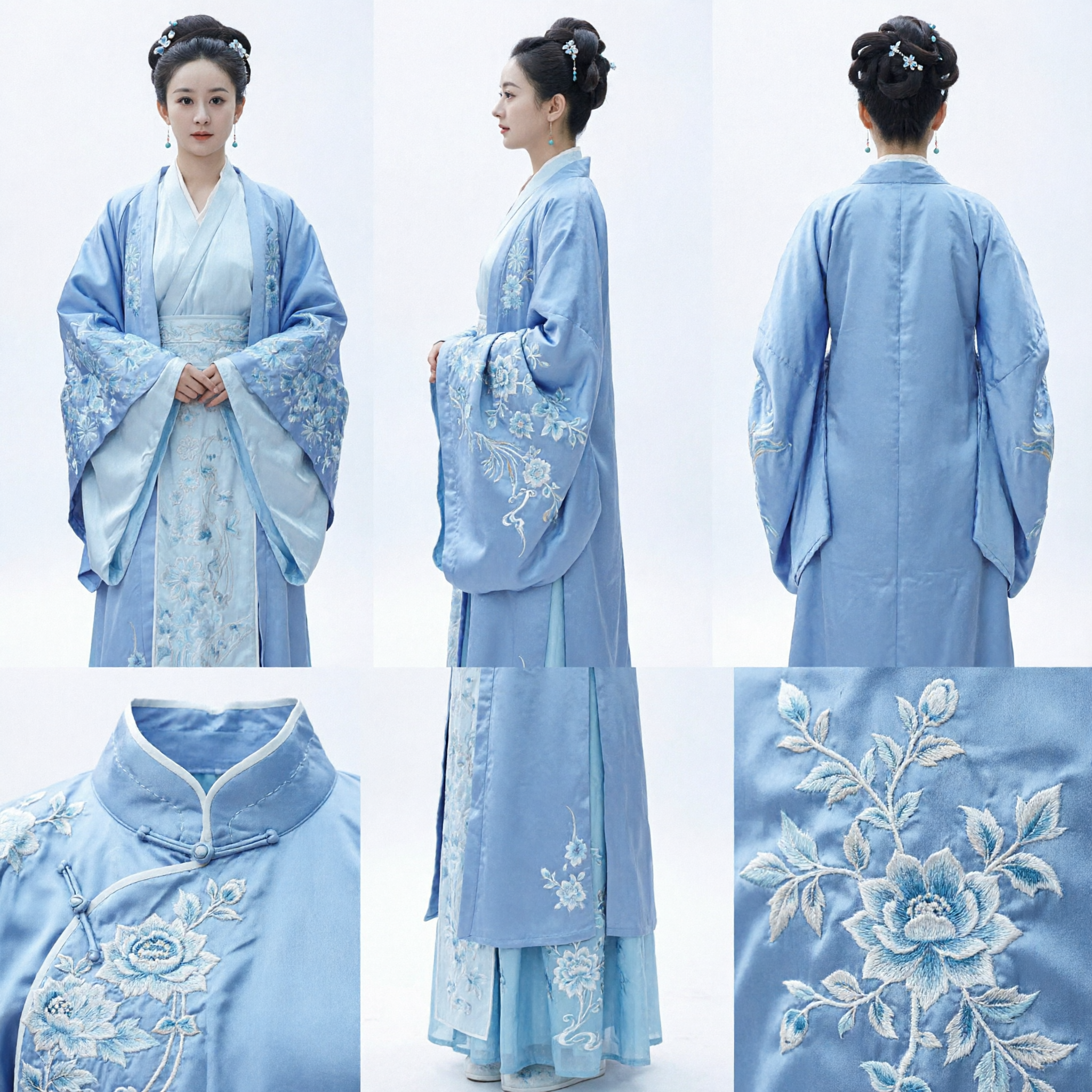 Traditional Chinese Song Dynasty Hanfu Light Blue Embroidered Jacket and Skirt Set for Women Historical Costume