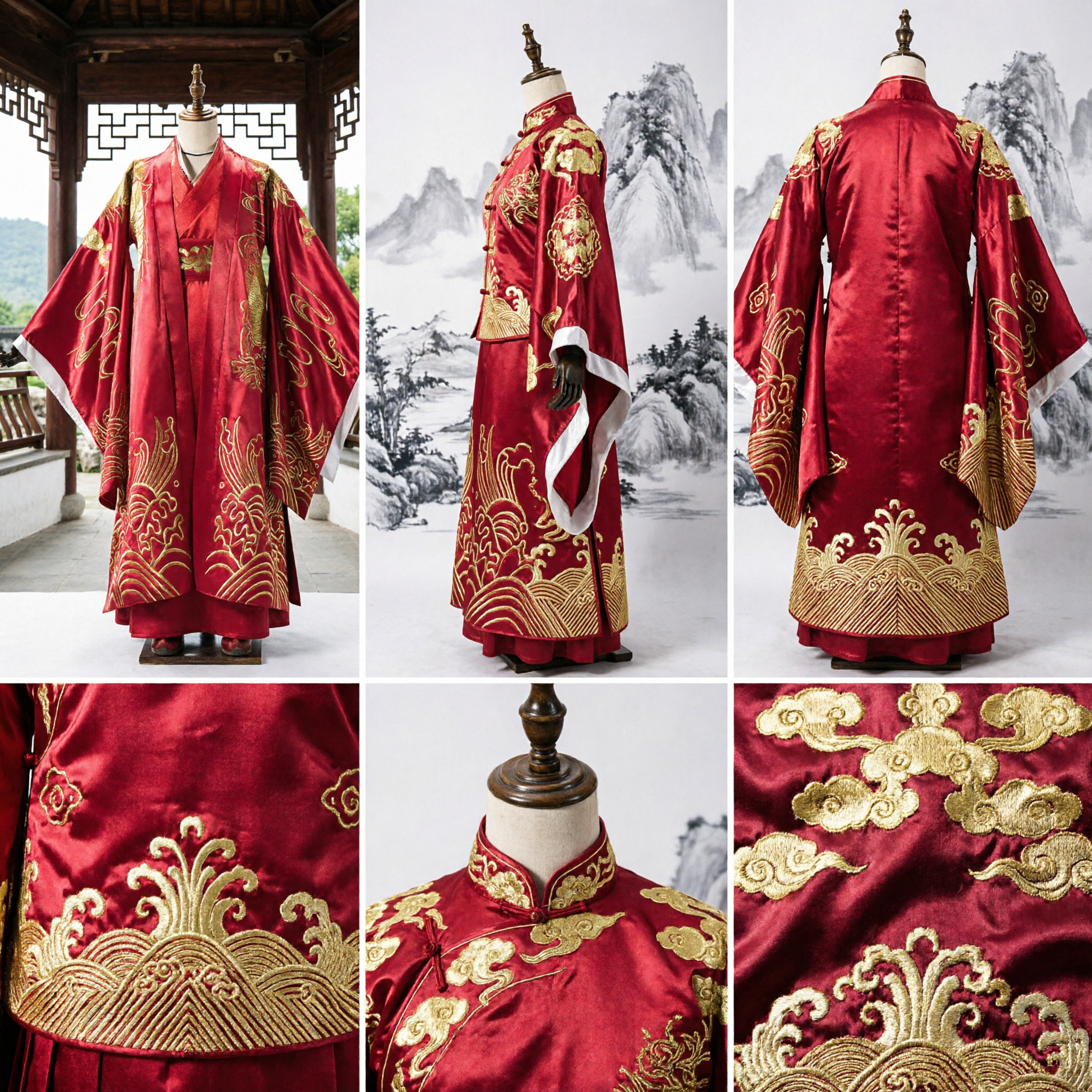 Traditional Chinese Hanfu Wedding Costume Red and Gold Embroidery Ancient Couple Outfit for Bride and Groom