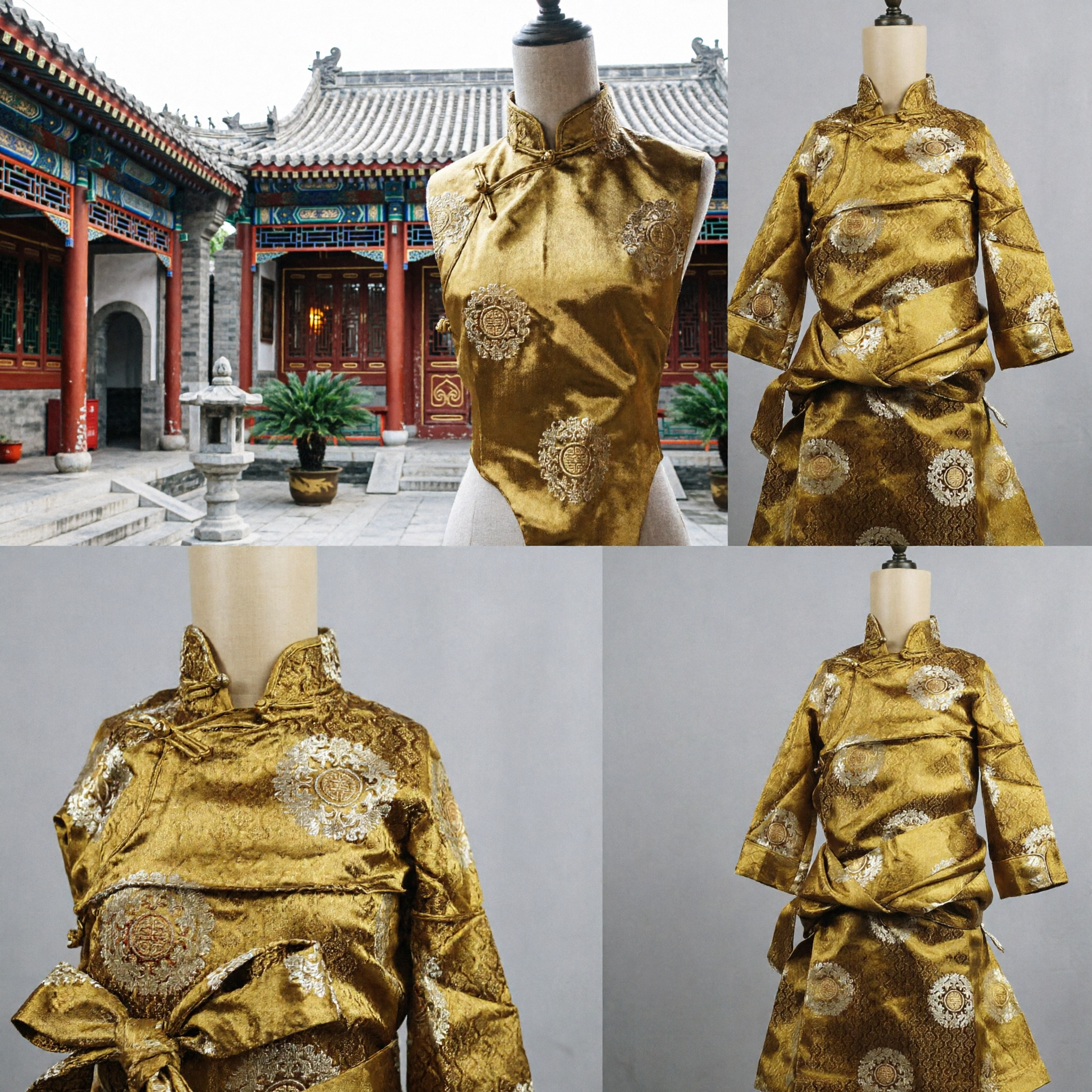 Traditional Mongolian Gold Brocade Deel Robe Ethnic Costume for Cultural Performance and Festival Celebration