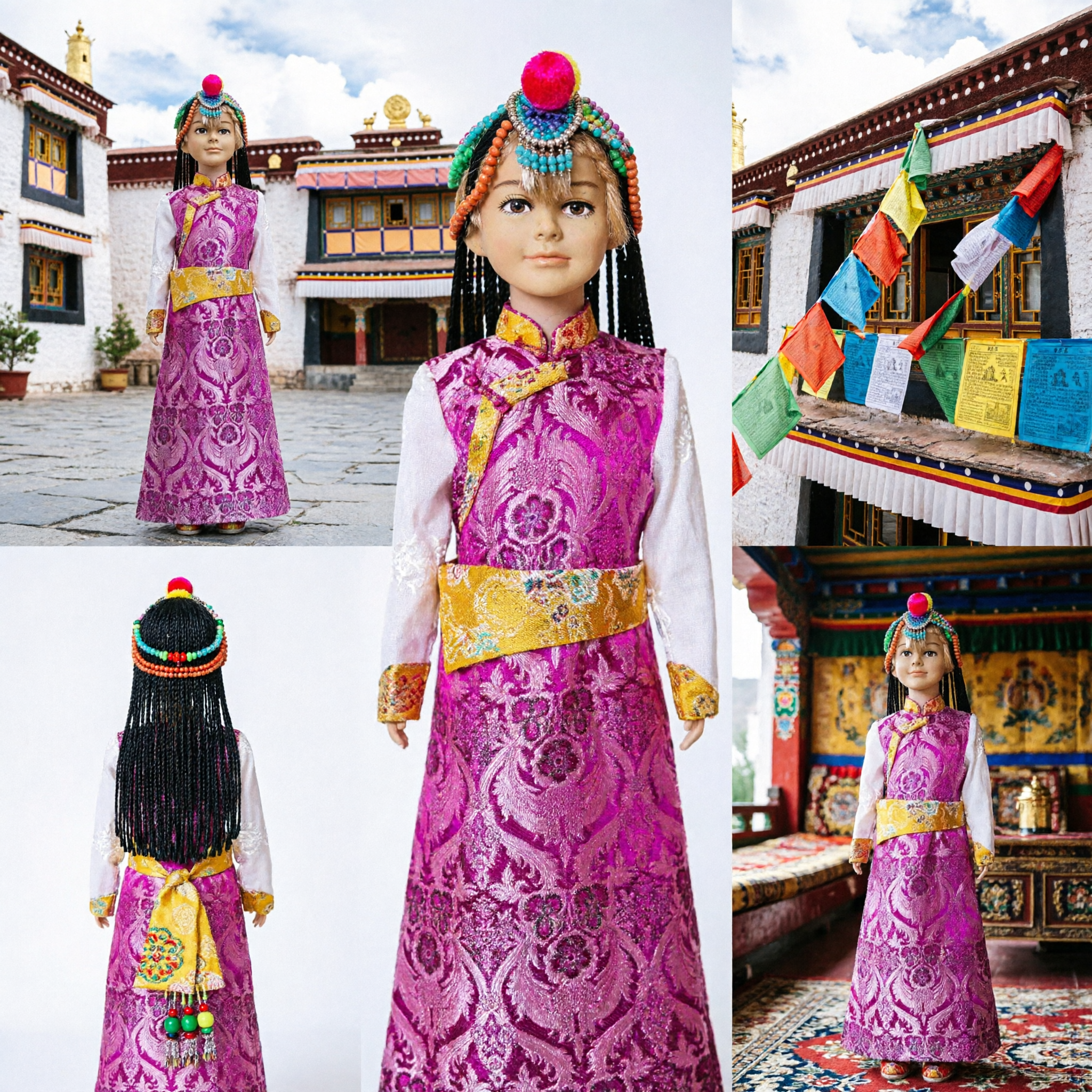 Traditional Chinese Tibetan Folk Dance Costume Pink Phoenix Brocade Dress with Headdress for Kids Performance