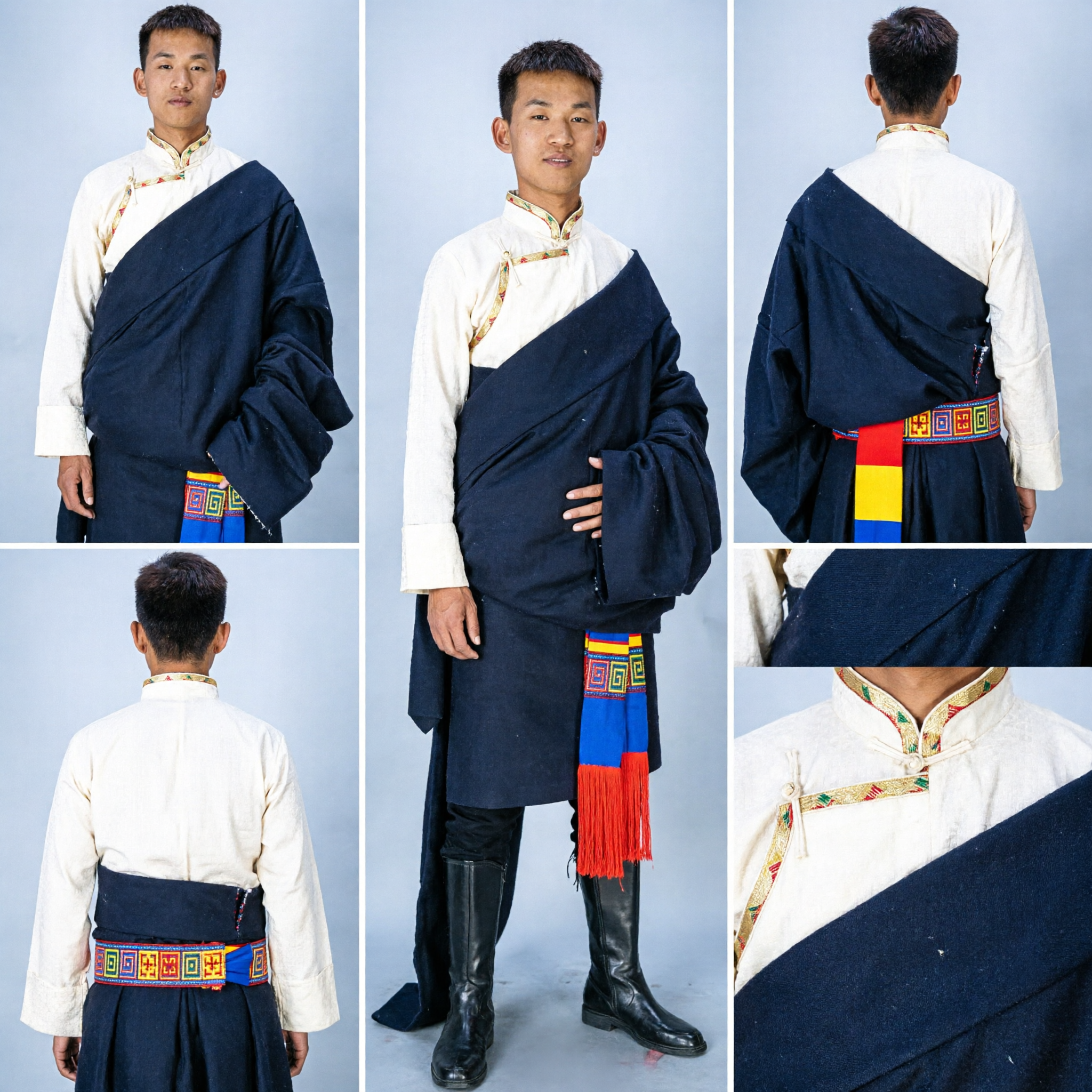 Traditional Tibetan Men's Chuba Costume Set Black Robe White Shirt Ethnic Folk Dance Clothing