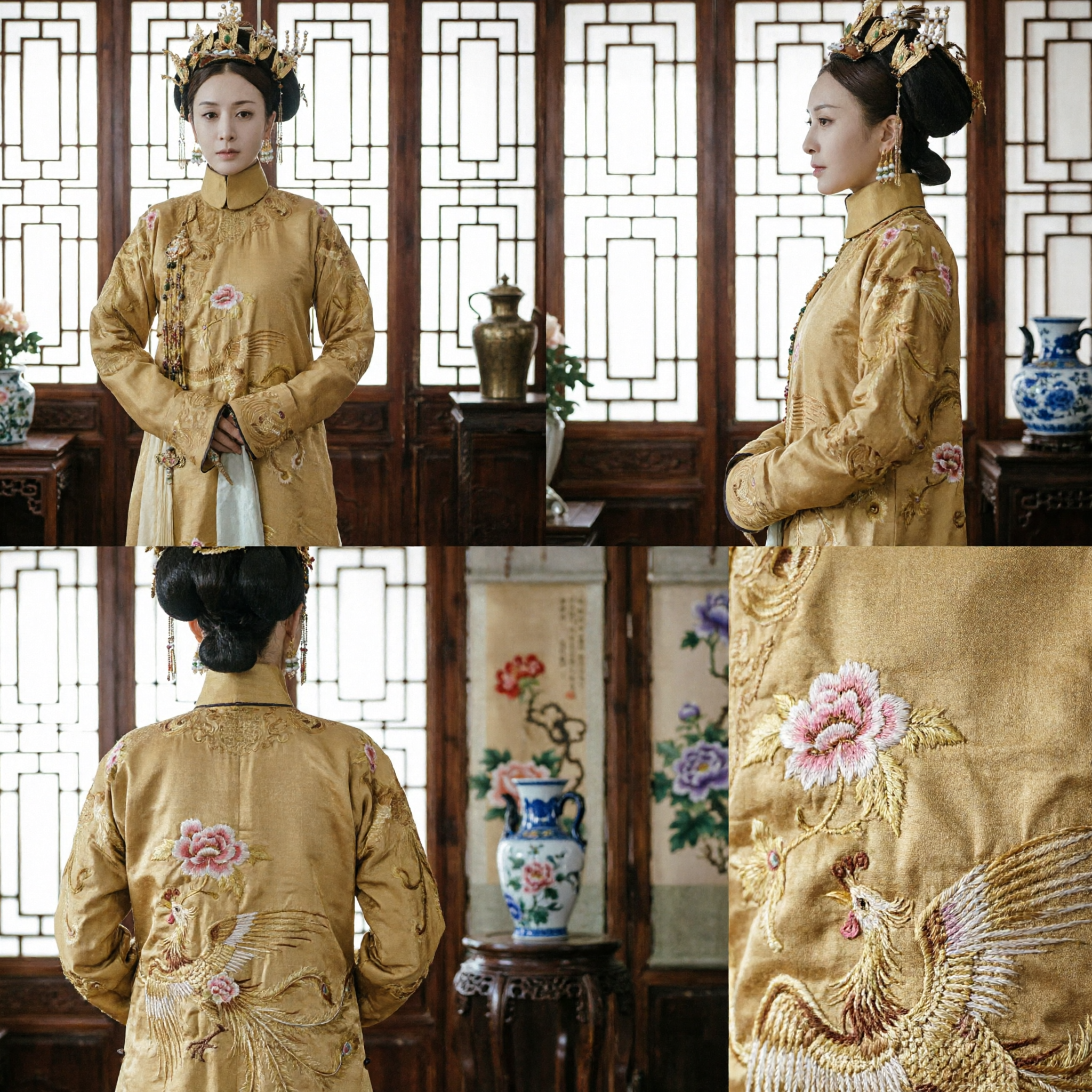 Qing Dynasty Palace Costume Golden Phoenix Embroidery Robe Traditional Chinese Historical Drama Cosplay Outfit for Women