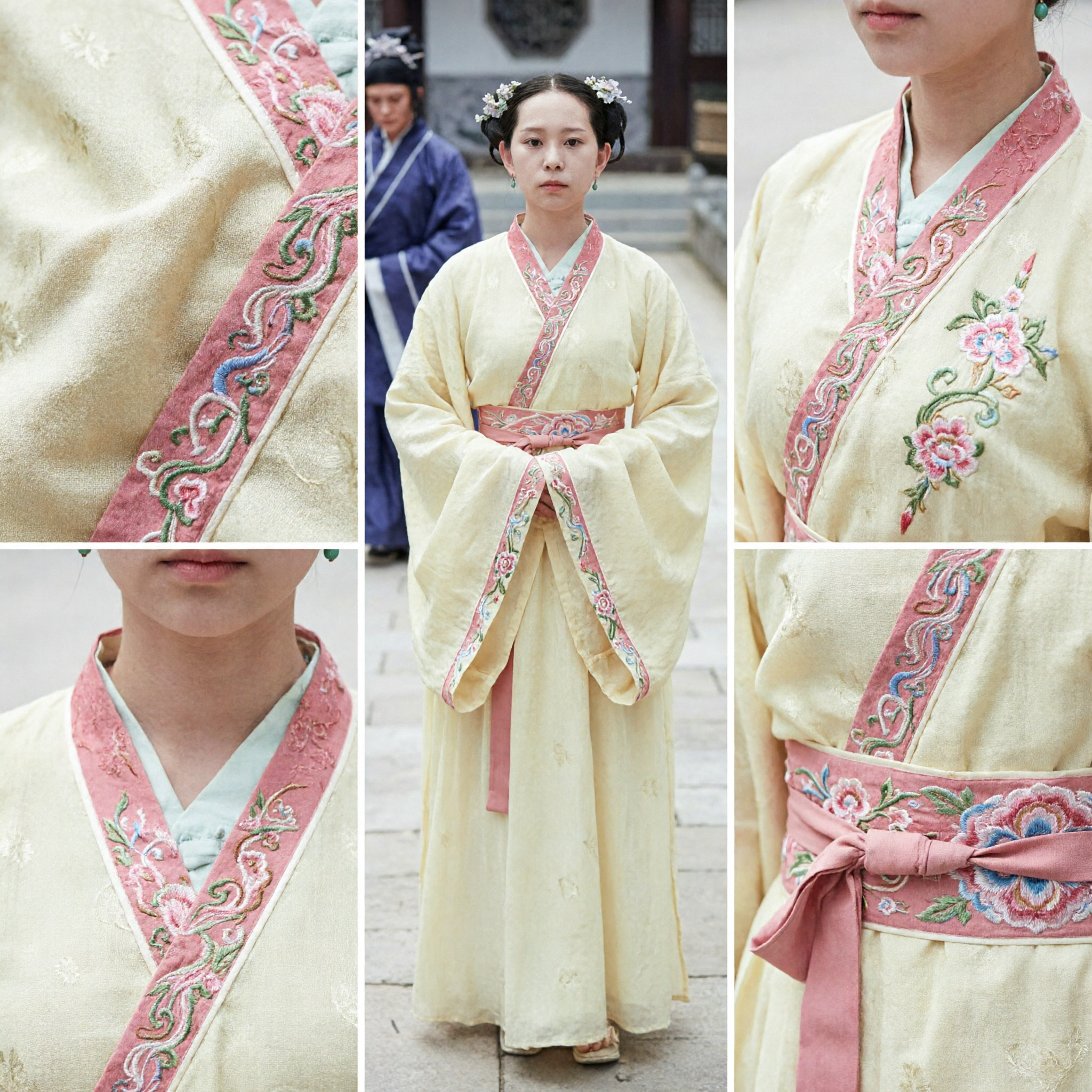 Traditional Chinese Hanfu Ancient Princess Costume Pale Yellow Wide Sleeve Robe with Pink Belt for Women