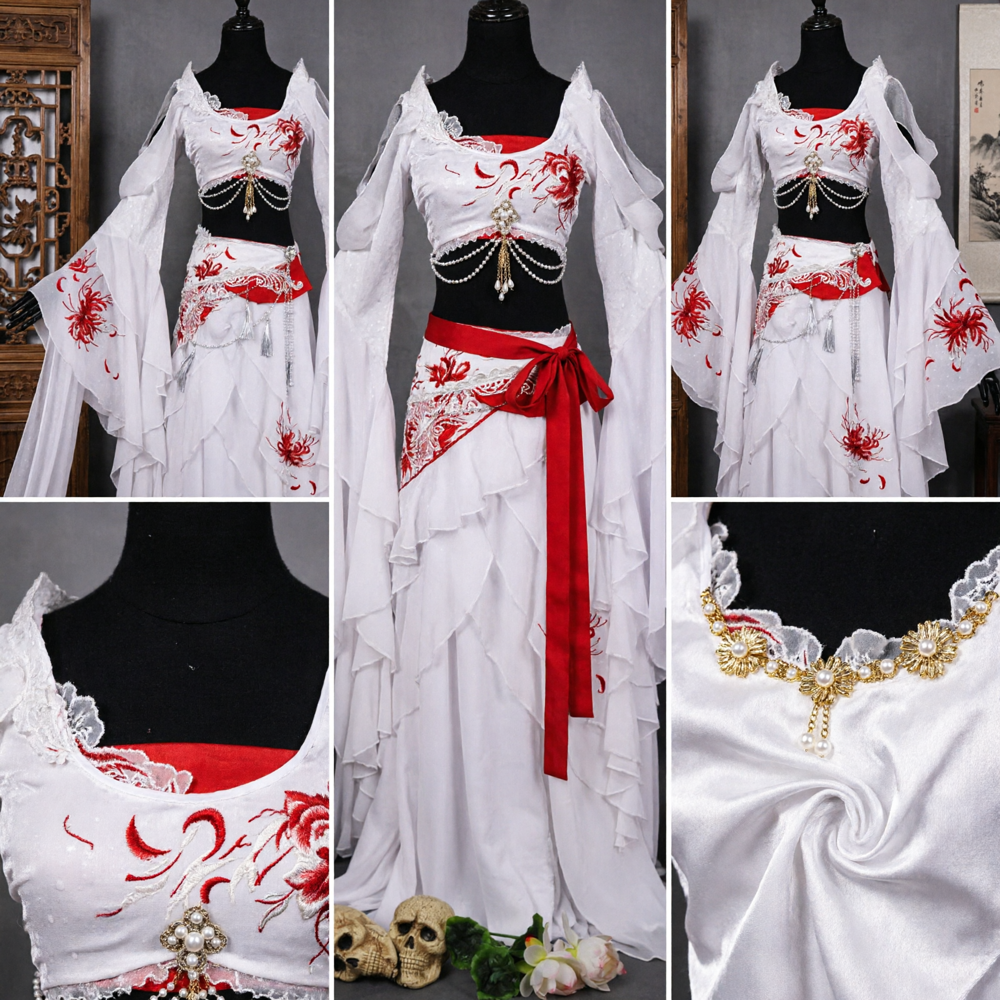 White Chinese Ancient Hanfu Costume Red Embroidery Fantasy Wuxia Dress Cosplay Outfit for Women Halloween