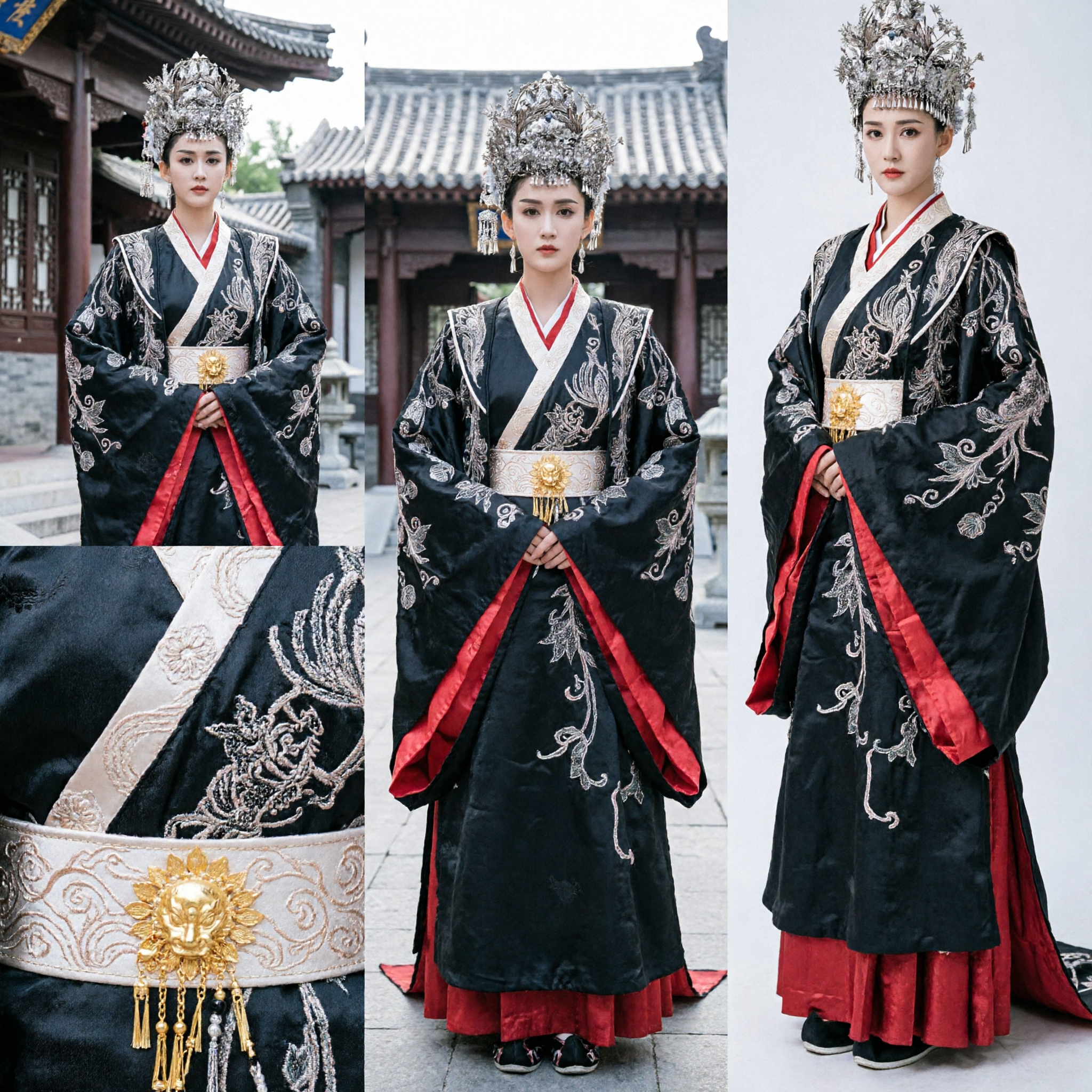 Traditional Chinese Ancient Empress Hanfu Costume Black Robe with Silver Embroidery for Women Historical Cosplay