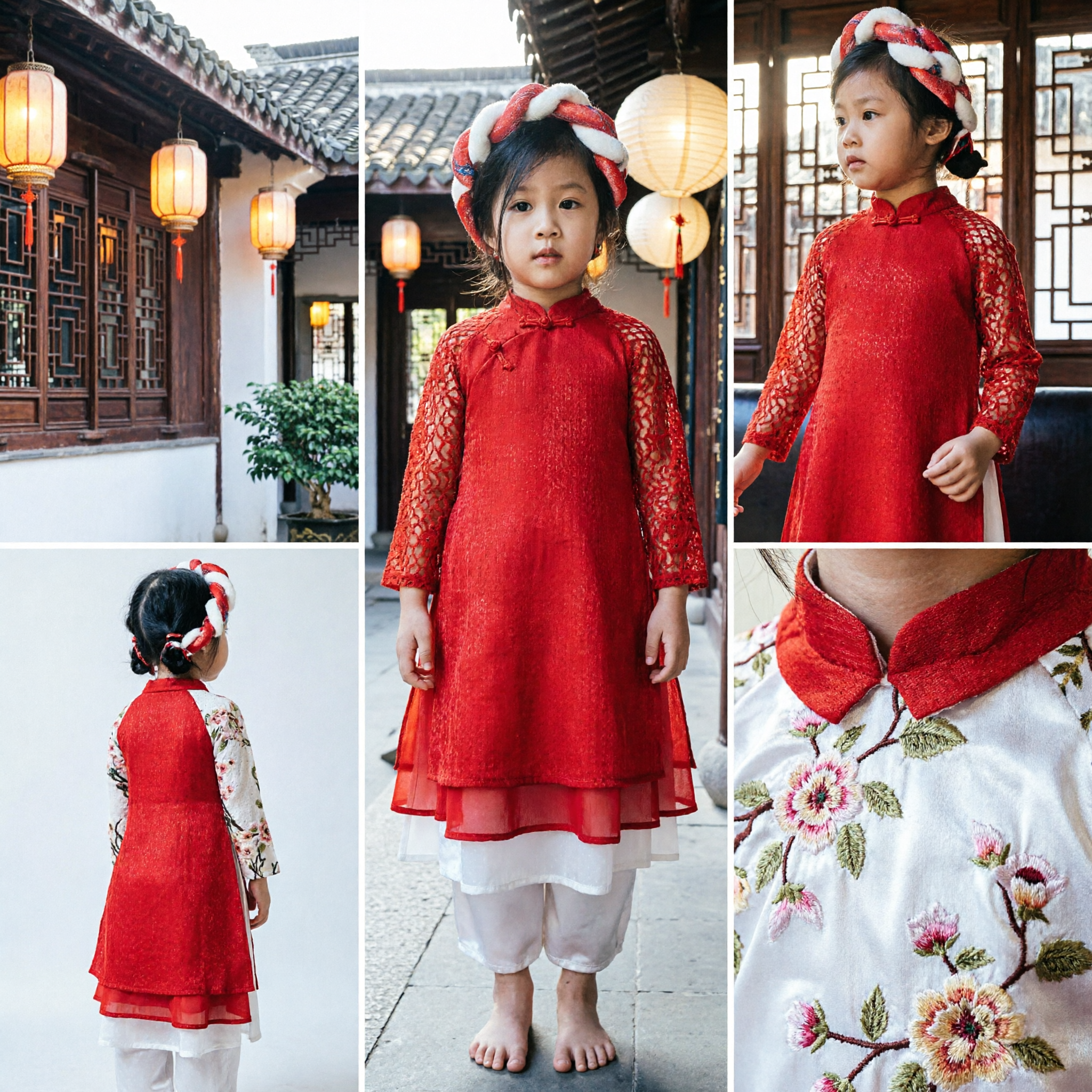 Kids Vietnamese Ao Dai Traditional Dress Red Floral Print Costume for Girls Lunar New Year Tet