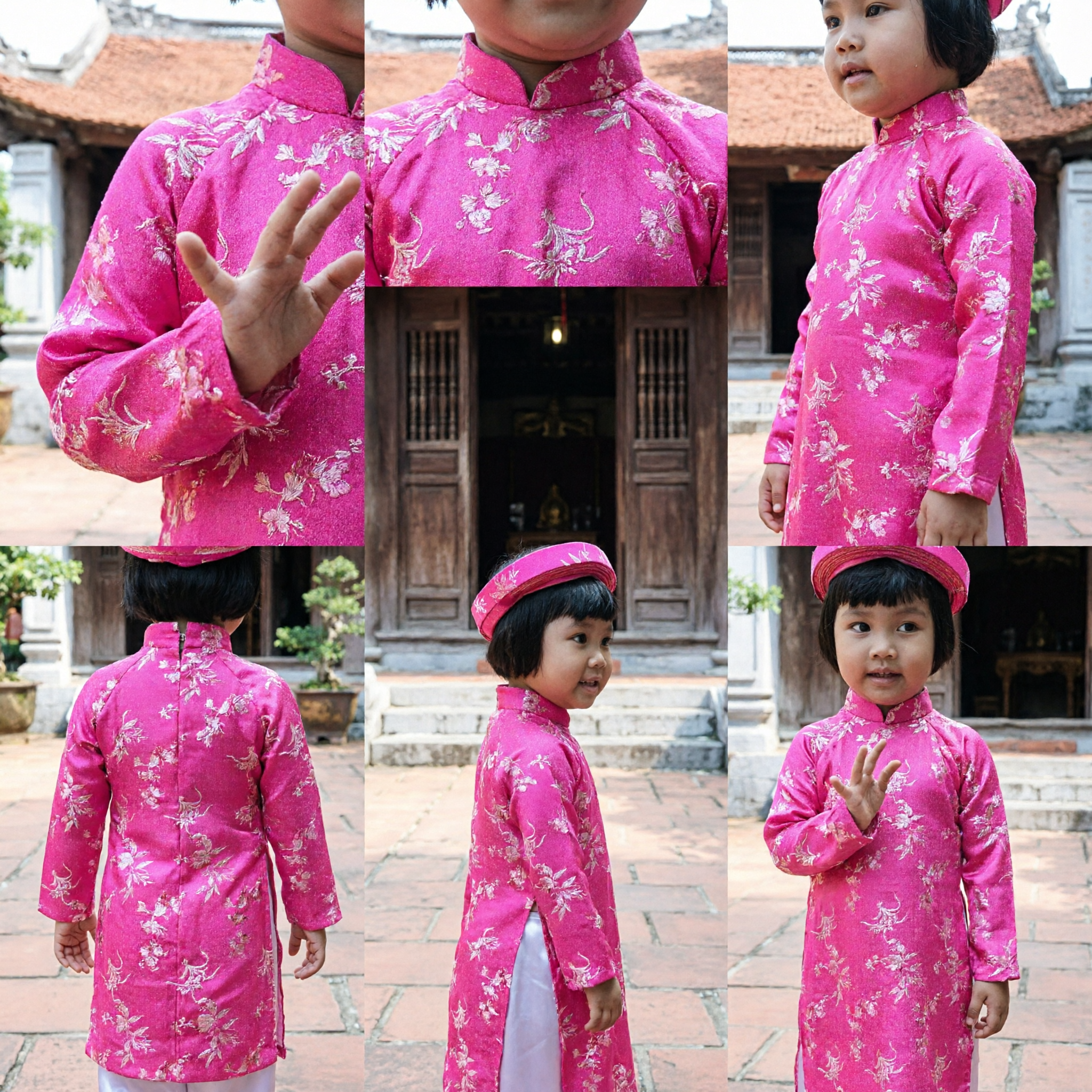 Traditional Vietnamese Ao Dai for Kids Pink Floral Tunic Dress with Khan Dong Headdress for Festivals