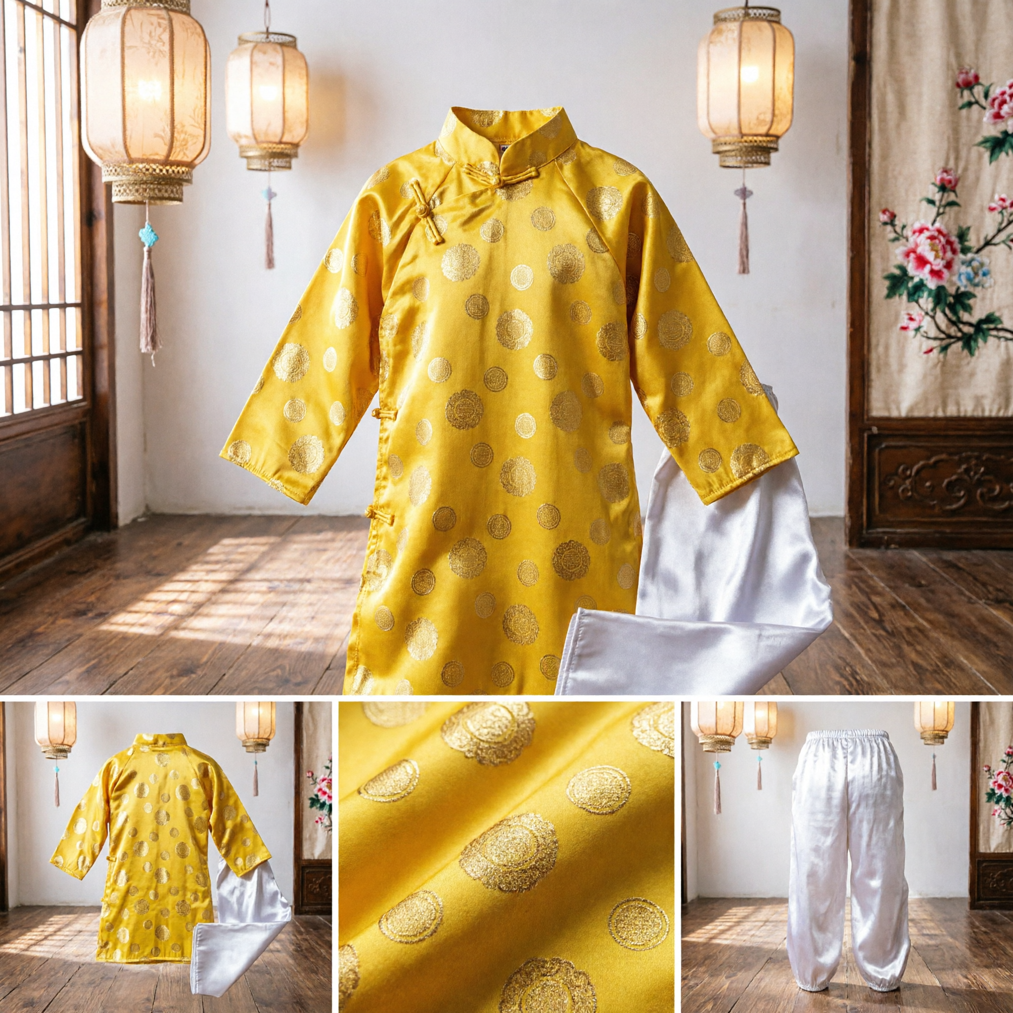 Kids Traditional Chinese Yellow Tang Suit Set with Gold Pattern Silk Festival Costume for New Year