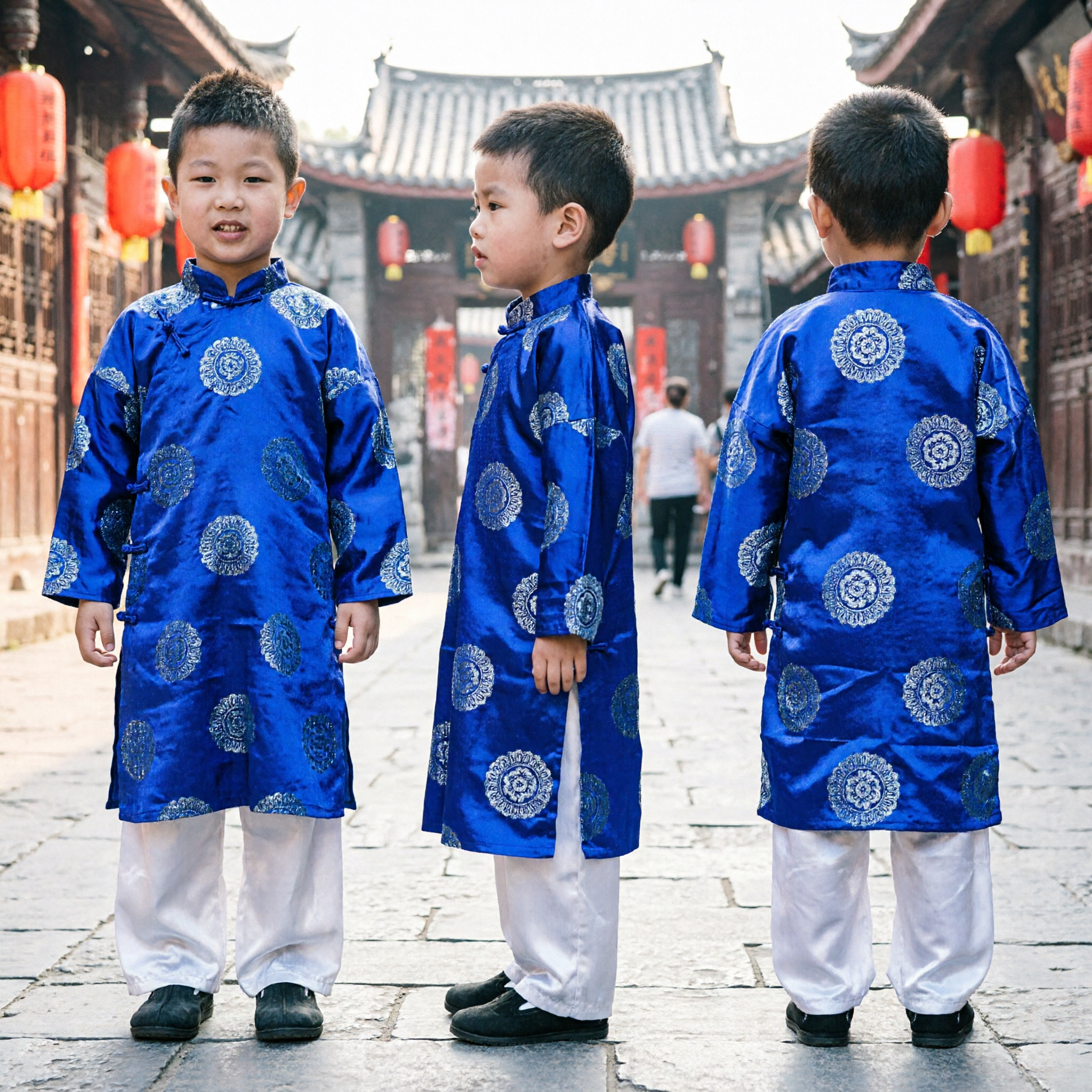 Childrens Traditional Vietnamese Ao Dai Tunic Set Blue Boy Red Girl Costume for Tet Lunar New Year