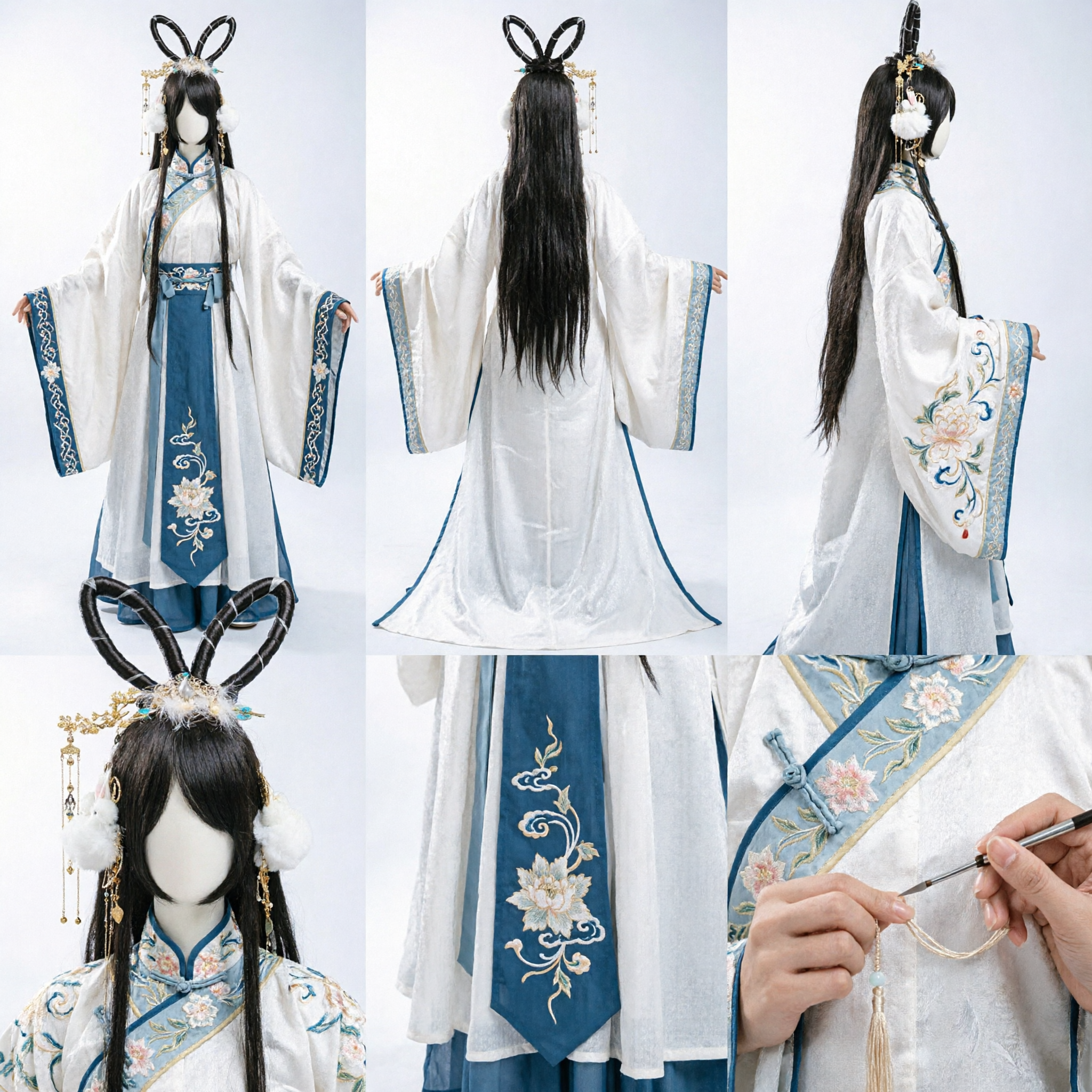 Traditional Chinese Hanfu Wig with Long Black Hair, Bunny Ears, and Gold Hairpins for Cosplay