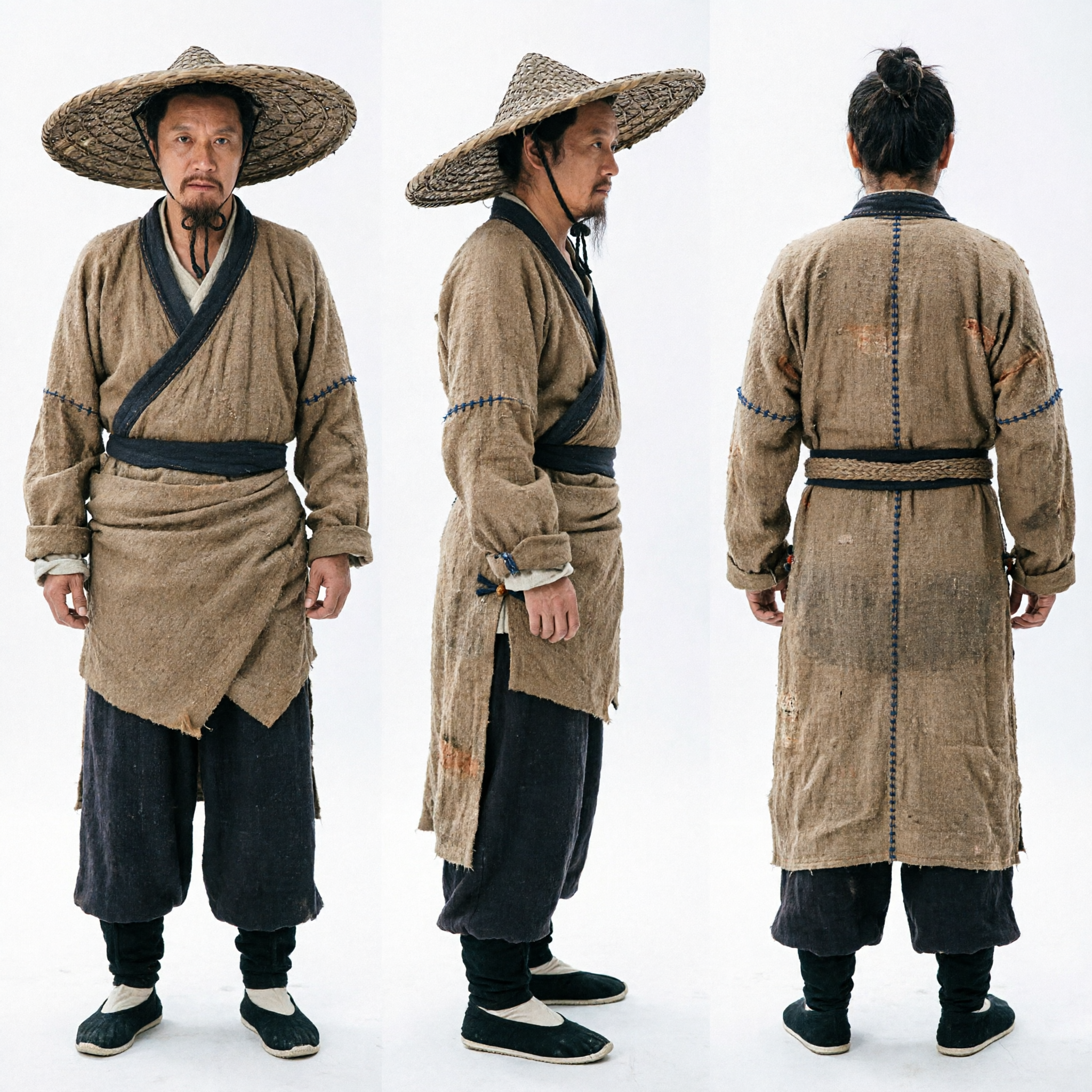 Men's Ancient Chinese Wuxia Swordsman Costume Set Brown Linen Robe and Straw Hat for Cosplay