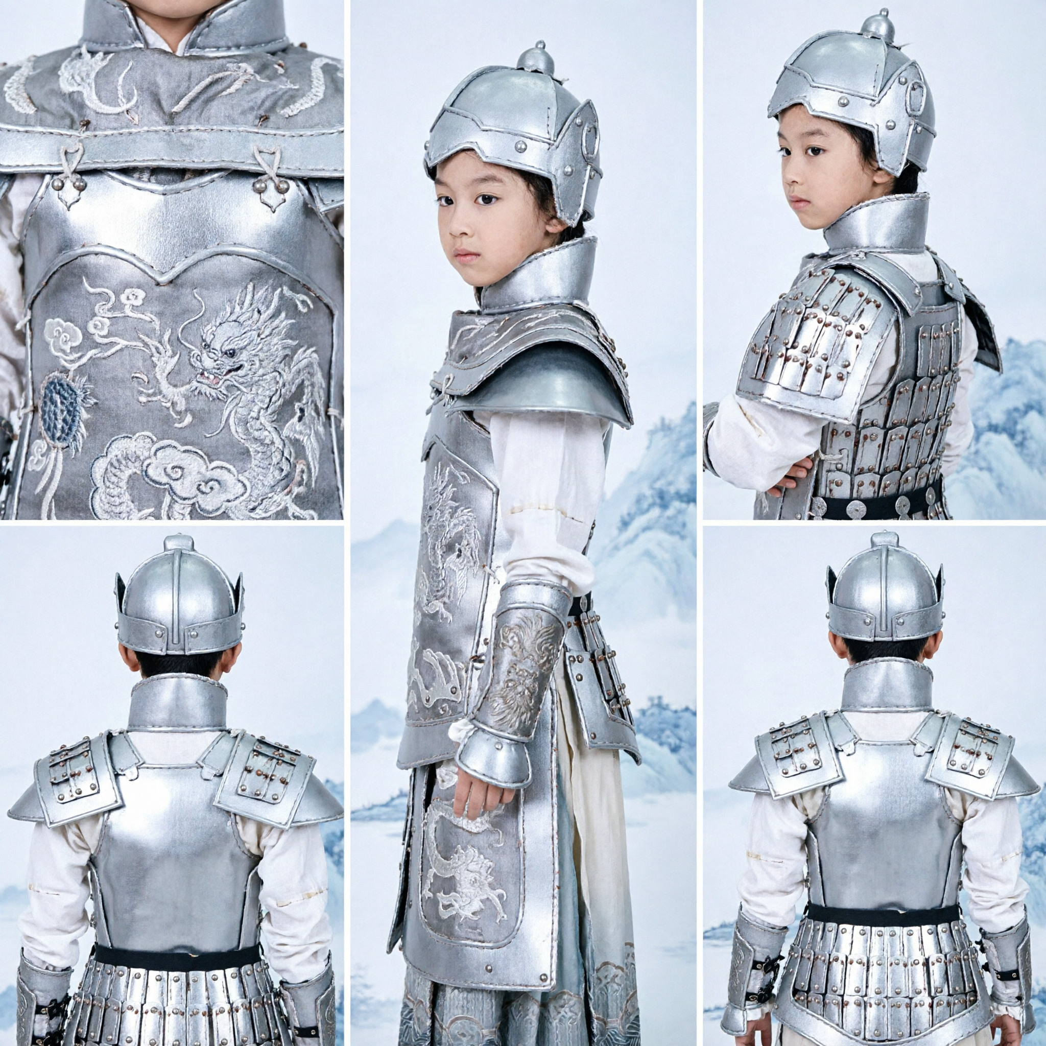 Kids Ancient Chinese General White Armor Costume Traditional Warrior Hanfu for Boys Cosplay Halloween Stage Performance