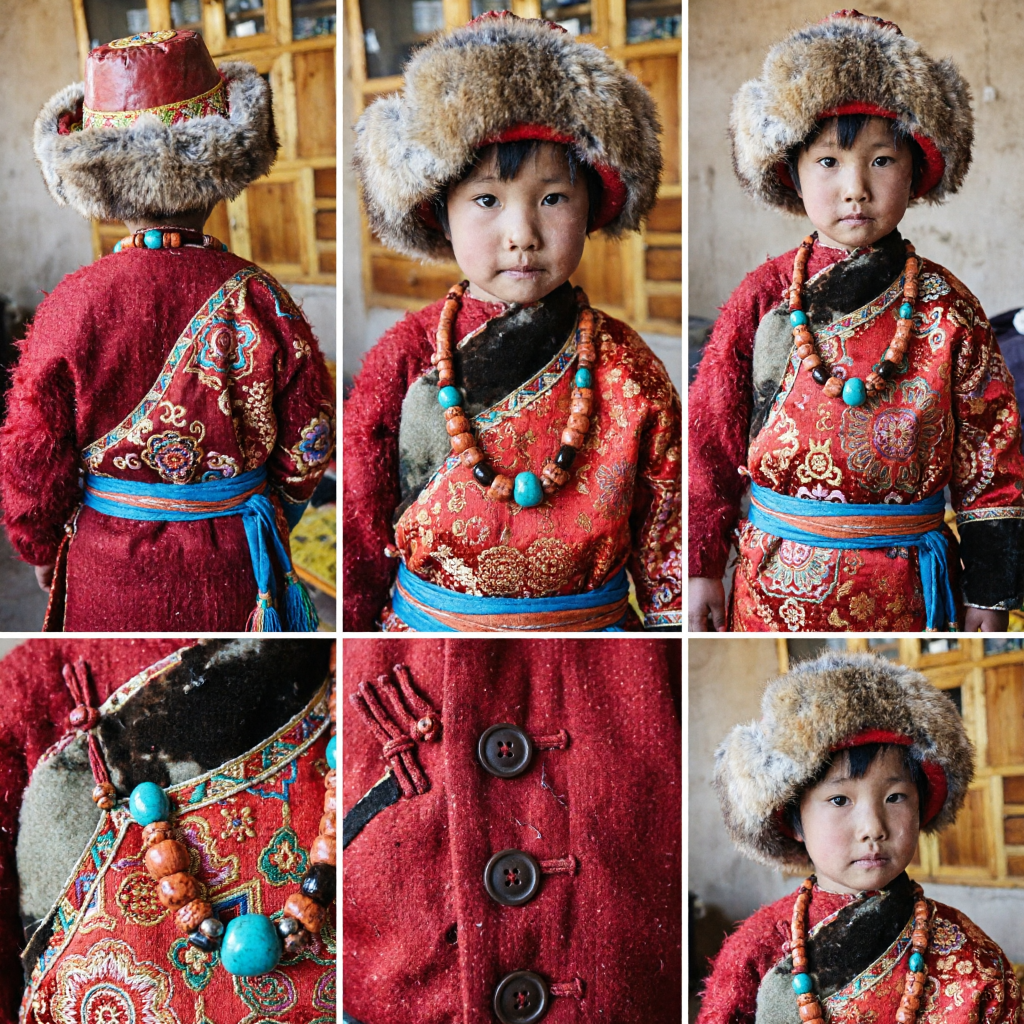 Traditional Tibetan Child Costume Red Fur Chuba Robe Hat Set for Kids Festival Performance