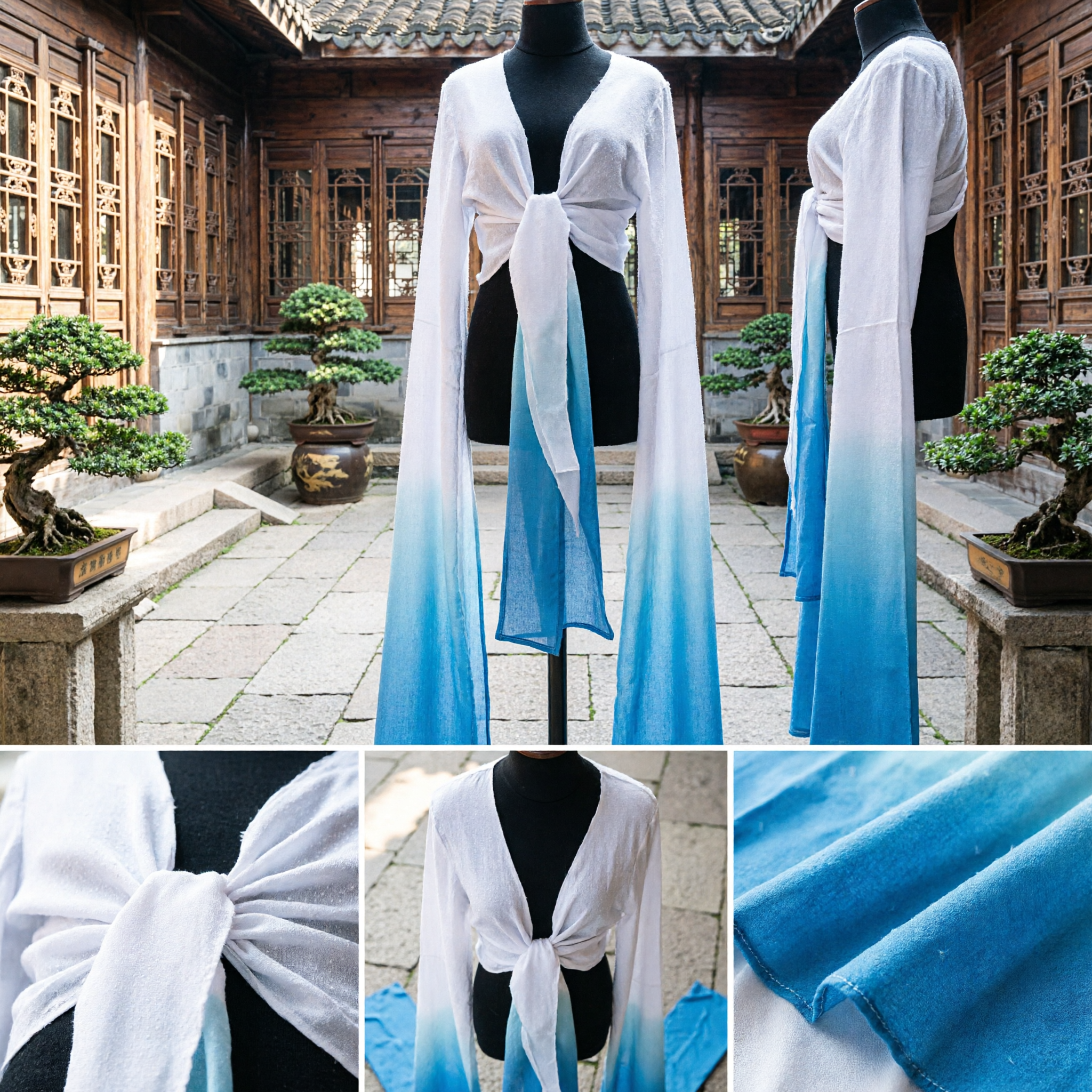 Long Traditional Chinese Gradient Blue Water Sleeves Hanfu Accessory for Classical Dance and Opera Performance