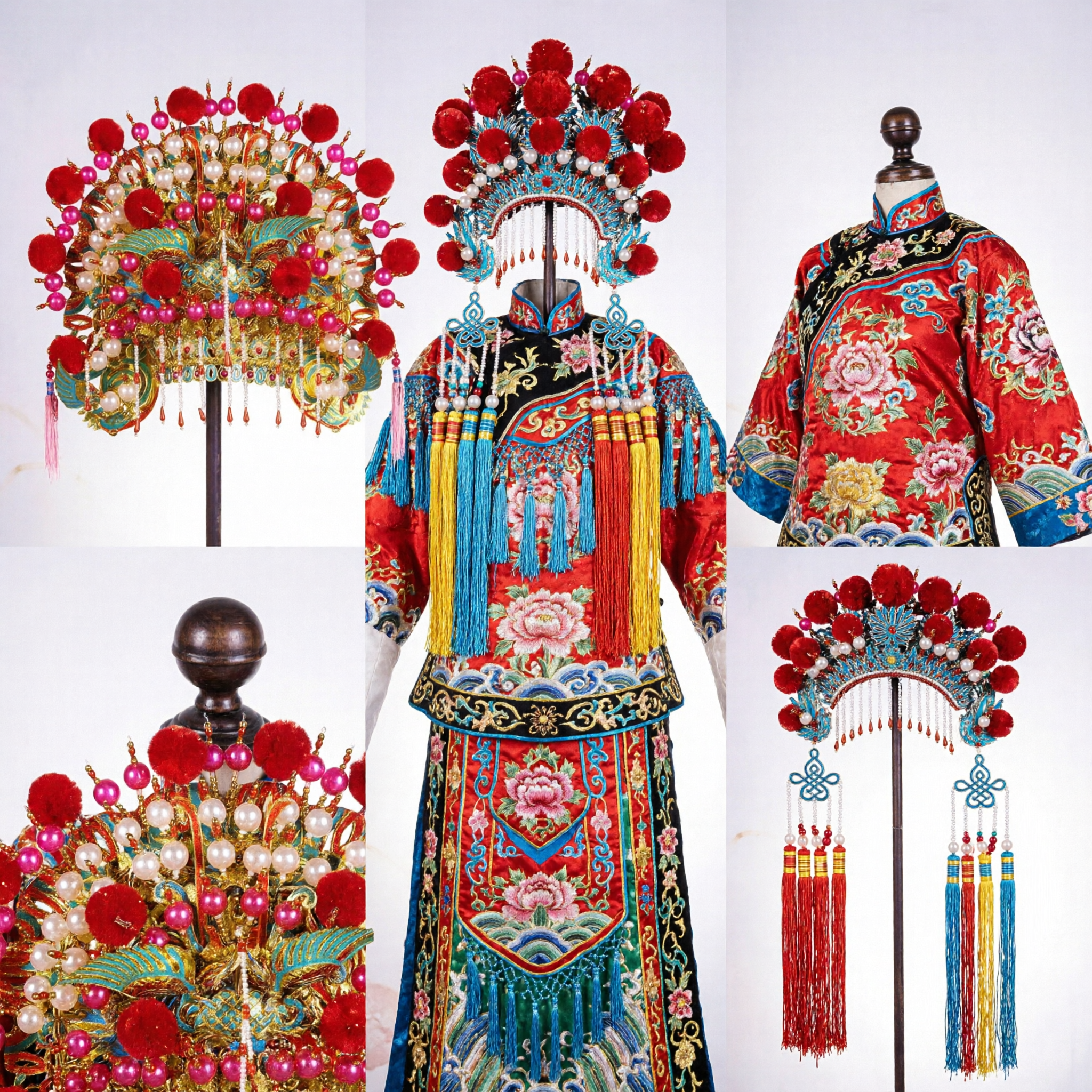 Traditional Chinese Beijing Opera Phoenix Crown Headdress with Red Pompoms Pearls and Feathers for Stage Performance