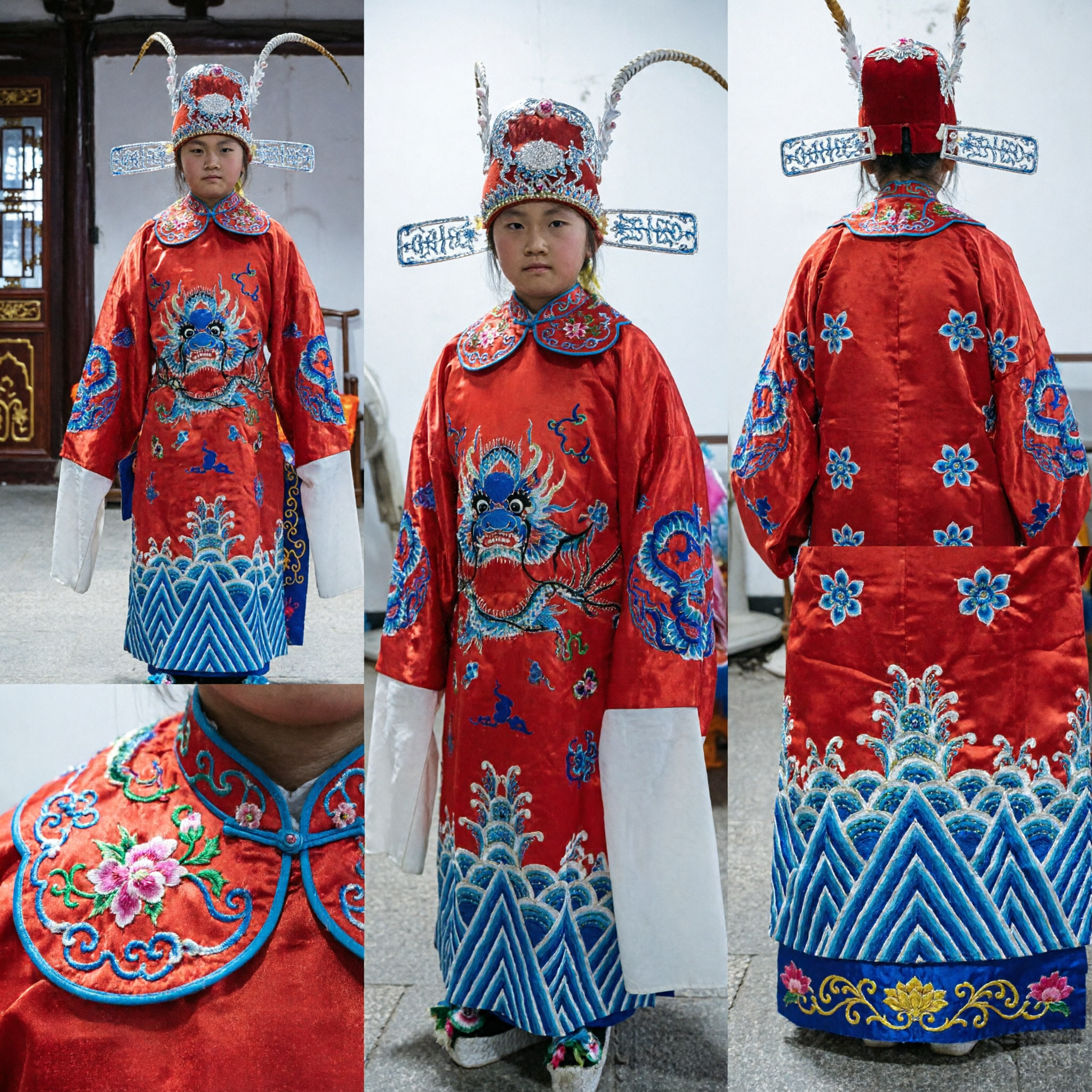 Traditional Chinese Peking Opera Dragon Robe Costume for Kids Red Embroidery Stage Performance Outfit