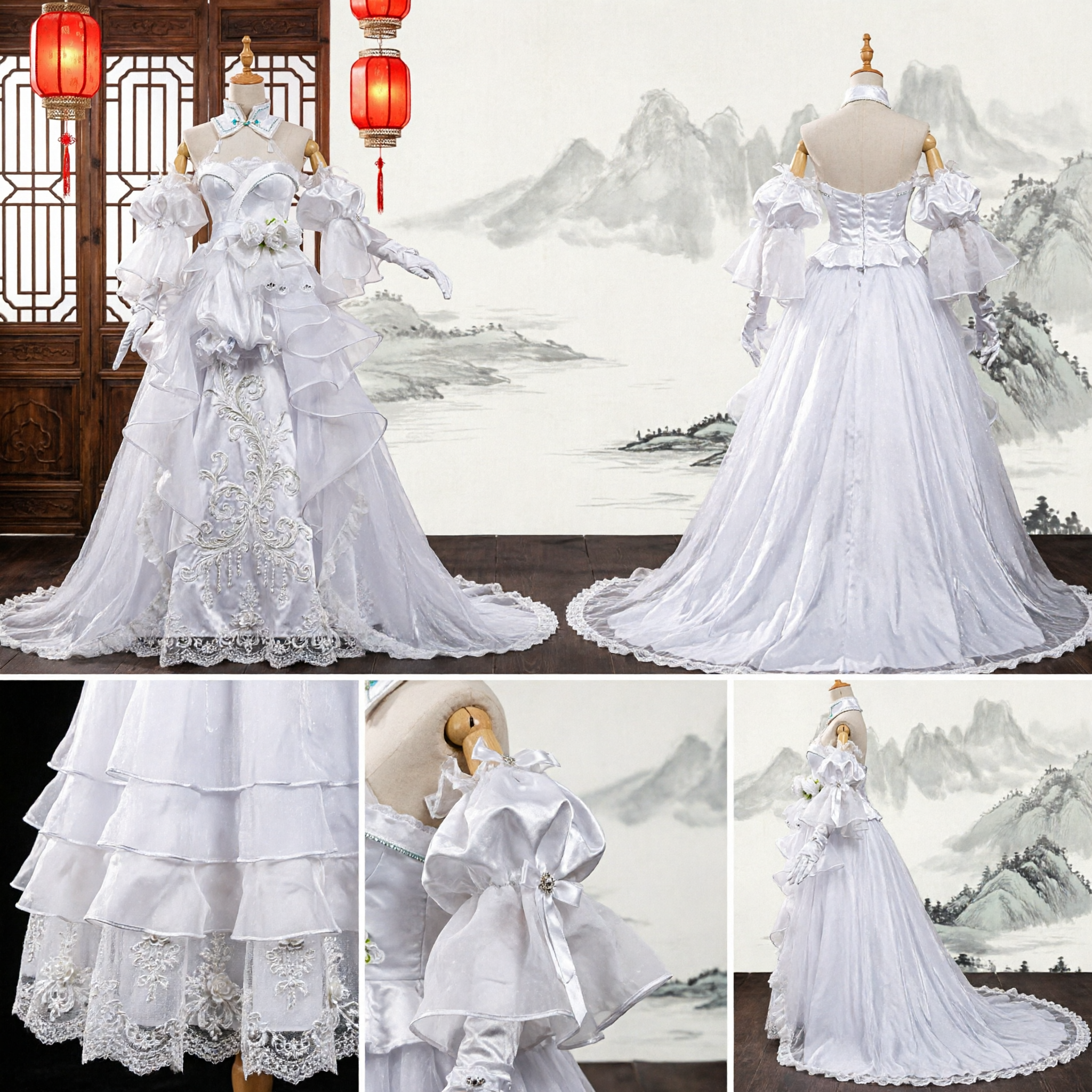 Elegant White Fantasy Wedding Dress Cosplay Costume Ruffled Princess Gown for Women Halloween Party