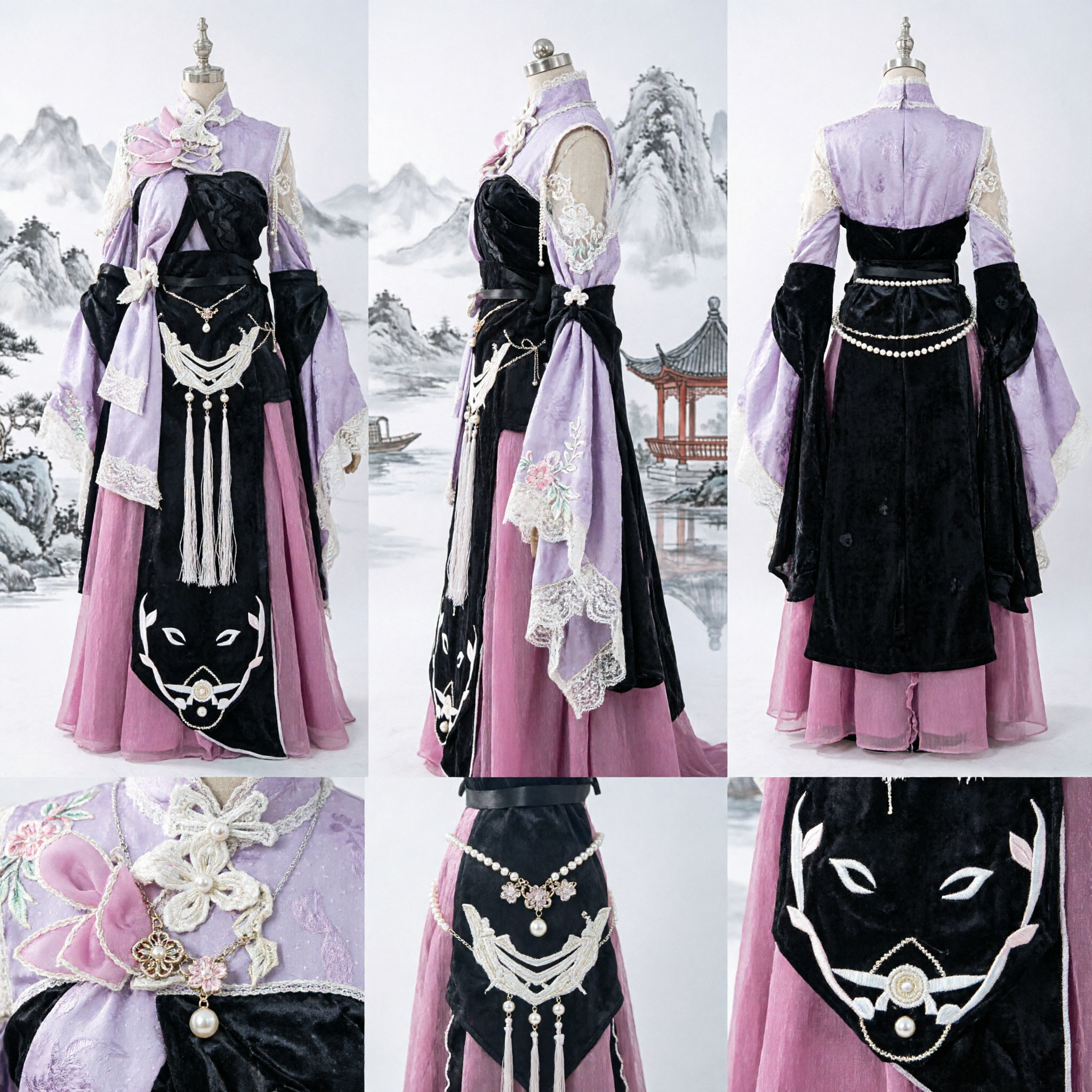 Purple and Black Ancient Chinese Hanfu Costume Traditional Fairy Dress with Wide Sleeves for Women Cosplay